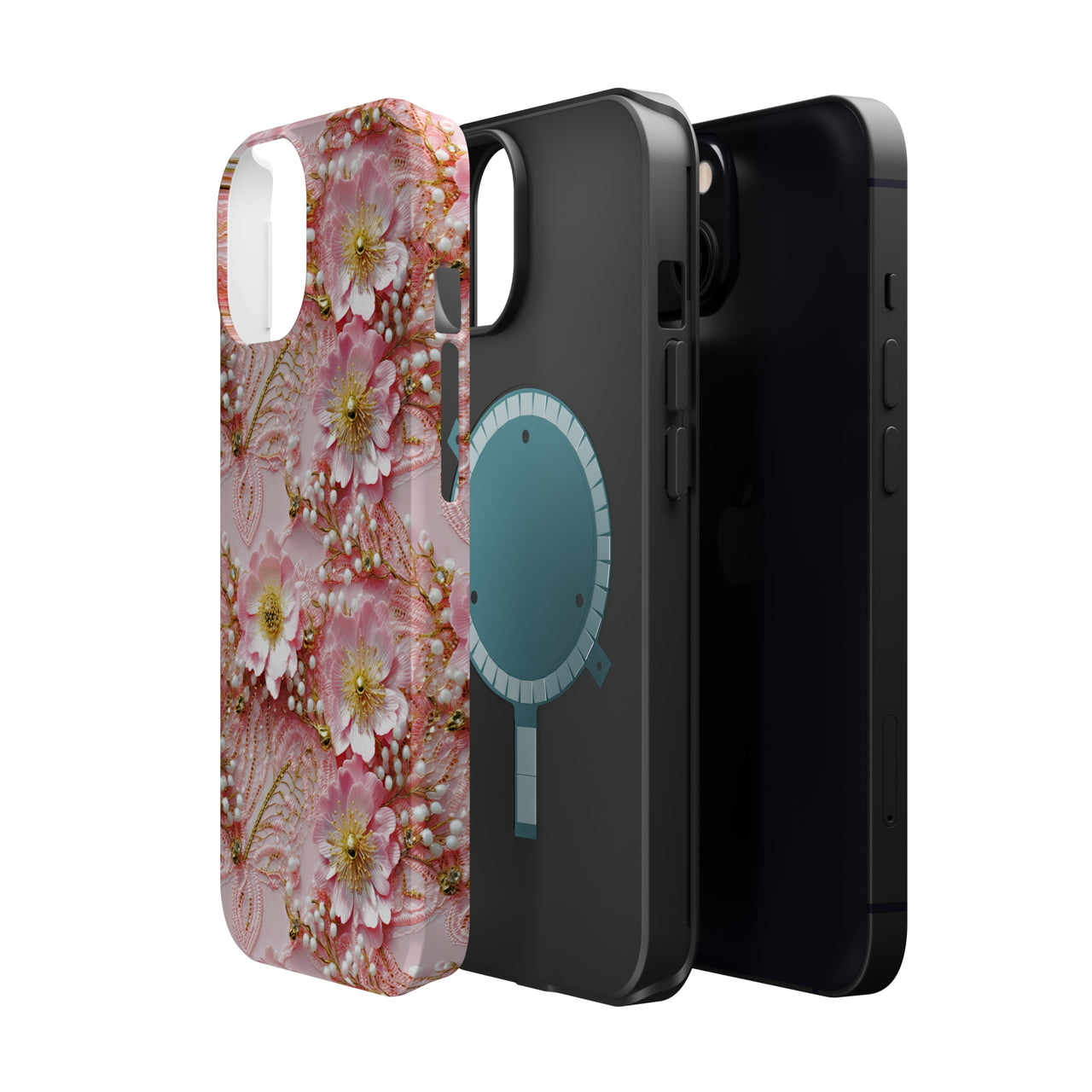 Gold-Kissed Flowers on Pink Lace - MagSafe Tough Cases for iPhone 13, iPhone 13 Mini, iPhone 13 Pro, and iPhone 13 Pro Max.