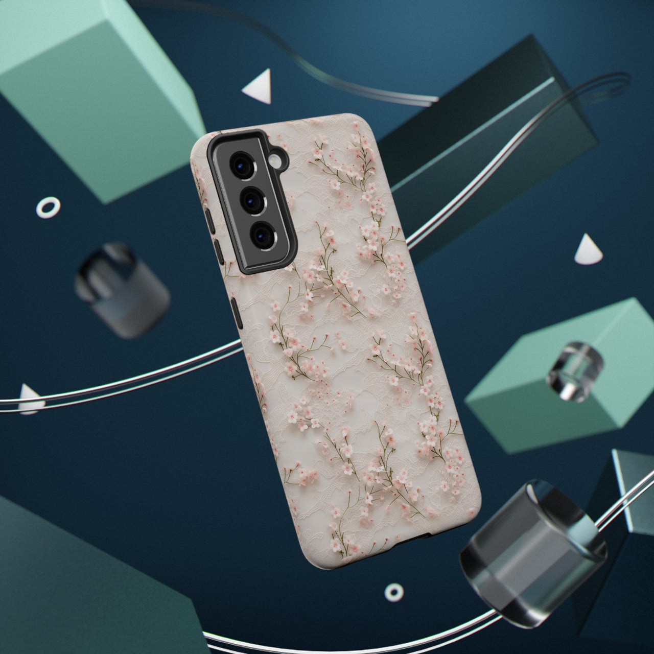 White Lace and Cherry Blossoms Impact-Resistant Cases for Samsung Galaxy S21, Samsung Galaxy S21 Plus, and Samsung Galaxy S21 Ultra. Supports Wireless Charging.