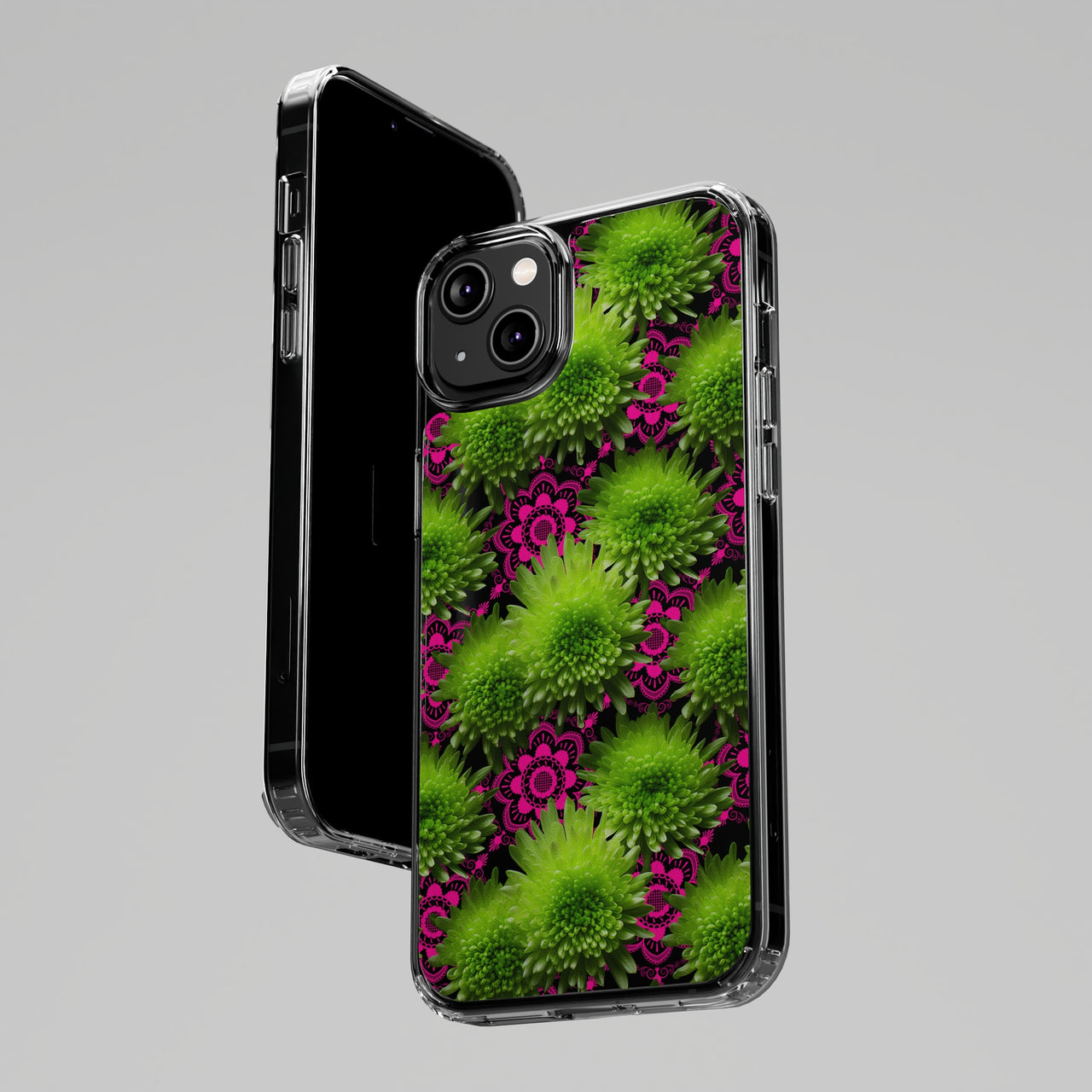 *Clear Case* Green Mums and Lace - iPhone 14, iPhone 14 Pro, iPhone 14 Plus, iPhone 14 Pro Max - Supports Wireless Charging