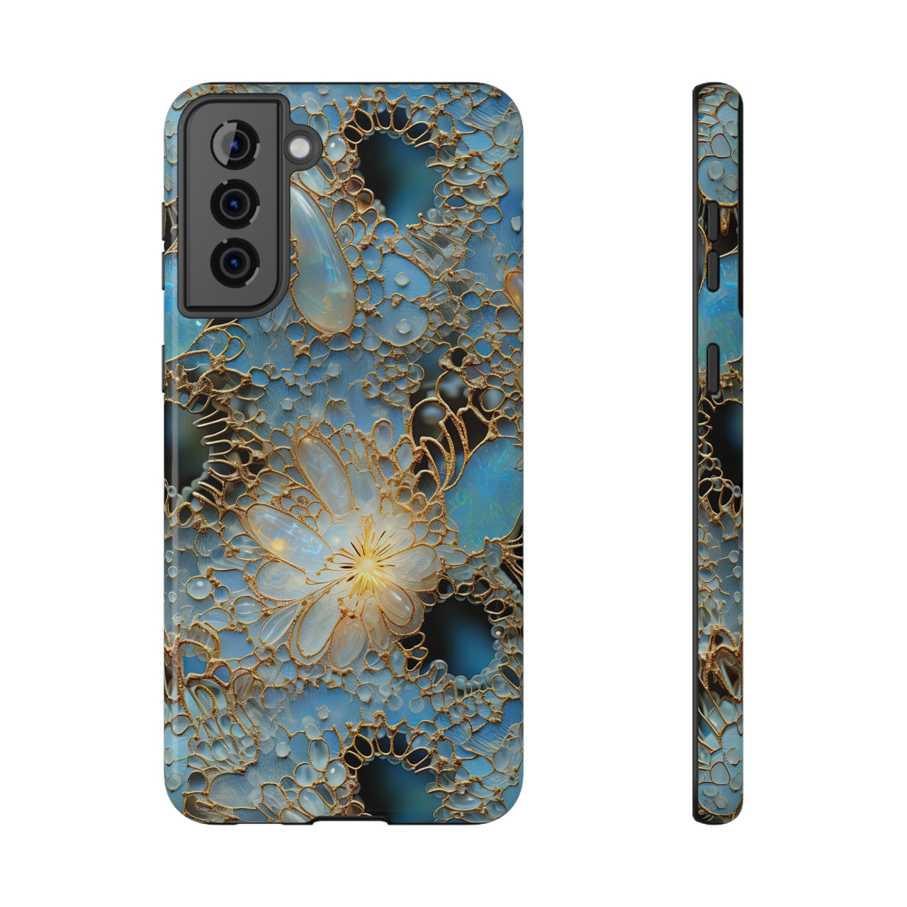 Gemstones and Gold Lace Impact-Resistant Cases for Samsung Galaxy S21, Samsung Galaxy S21 Plus, and Samsung Galaxy S21 Ultra. Supports Wireless Charging.