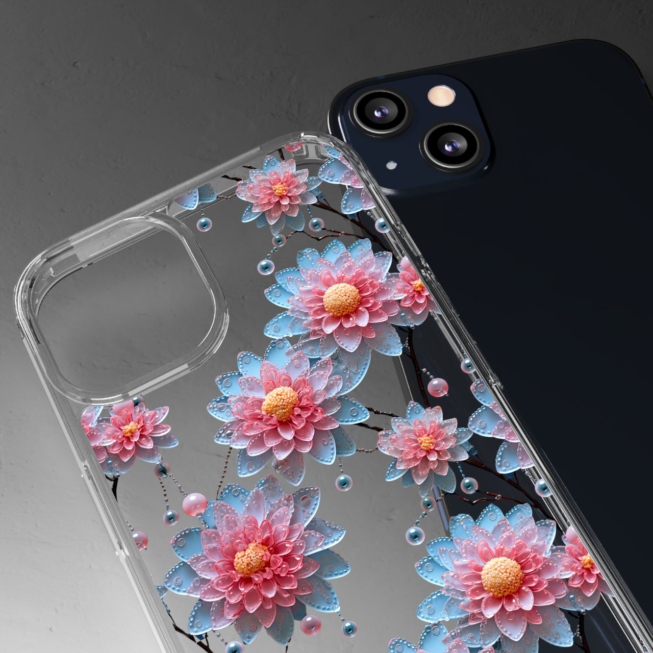 *Clear Case* Pink and Blue Glass Flowers - iPhone 13, iPhone 13 Mini, iPhone 13 Pro, iPhone 13 Pro Max - Supports Wireless Charging