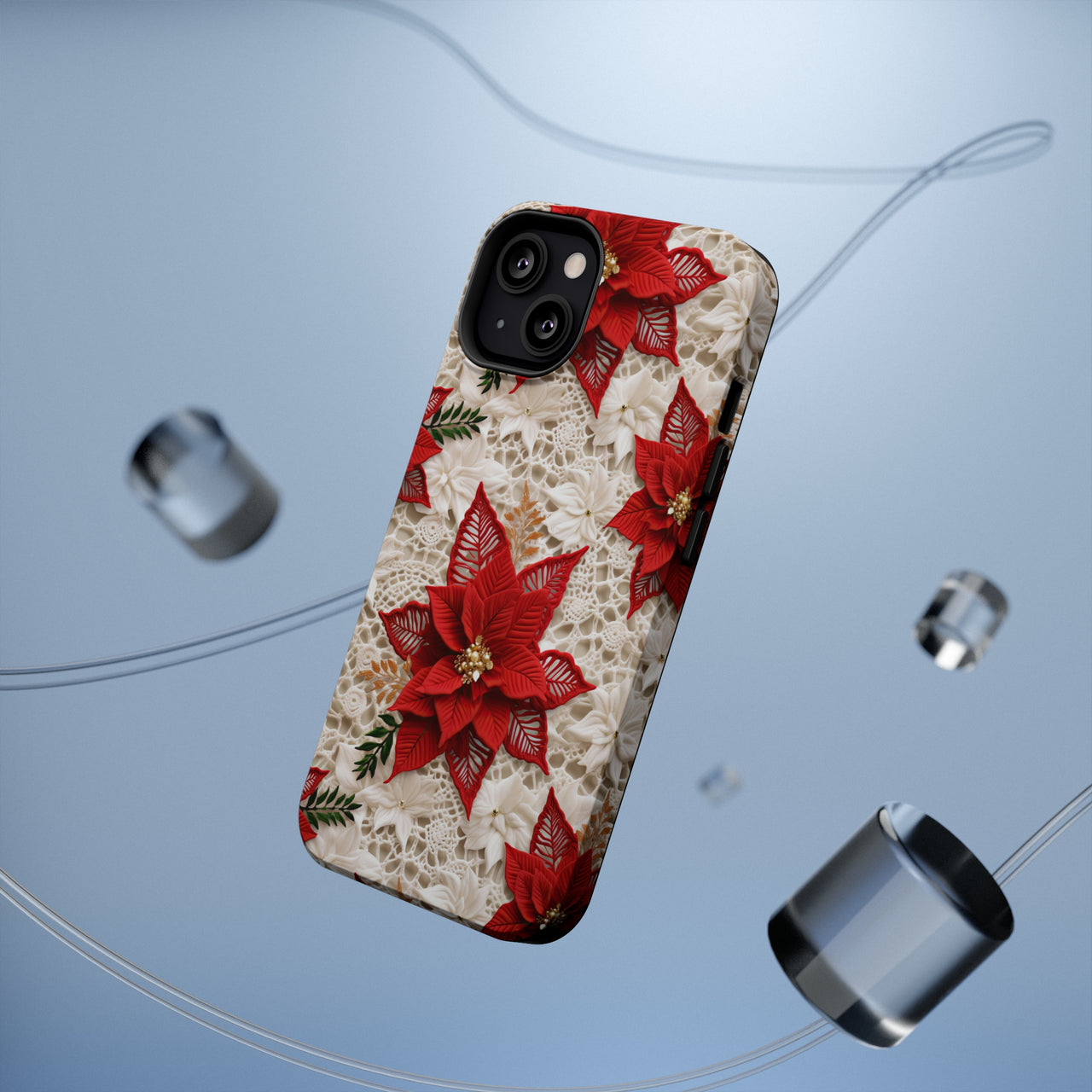 Christmas Poinsettia MagSafe Tough Cases for iPhone 13, iPhone 13 Mini, iPhone 13 Pro, and iPhone 13 Pro Max.