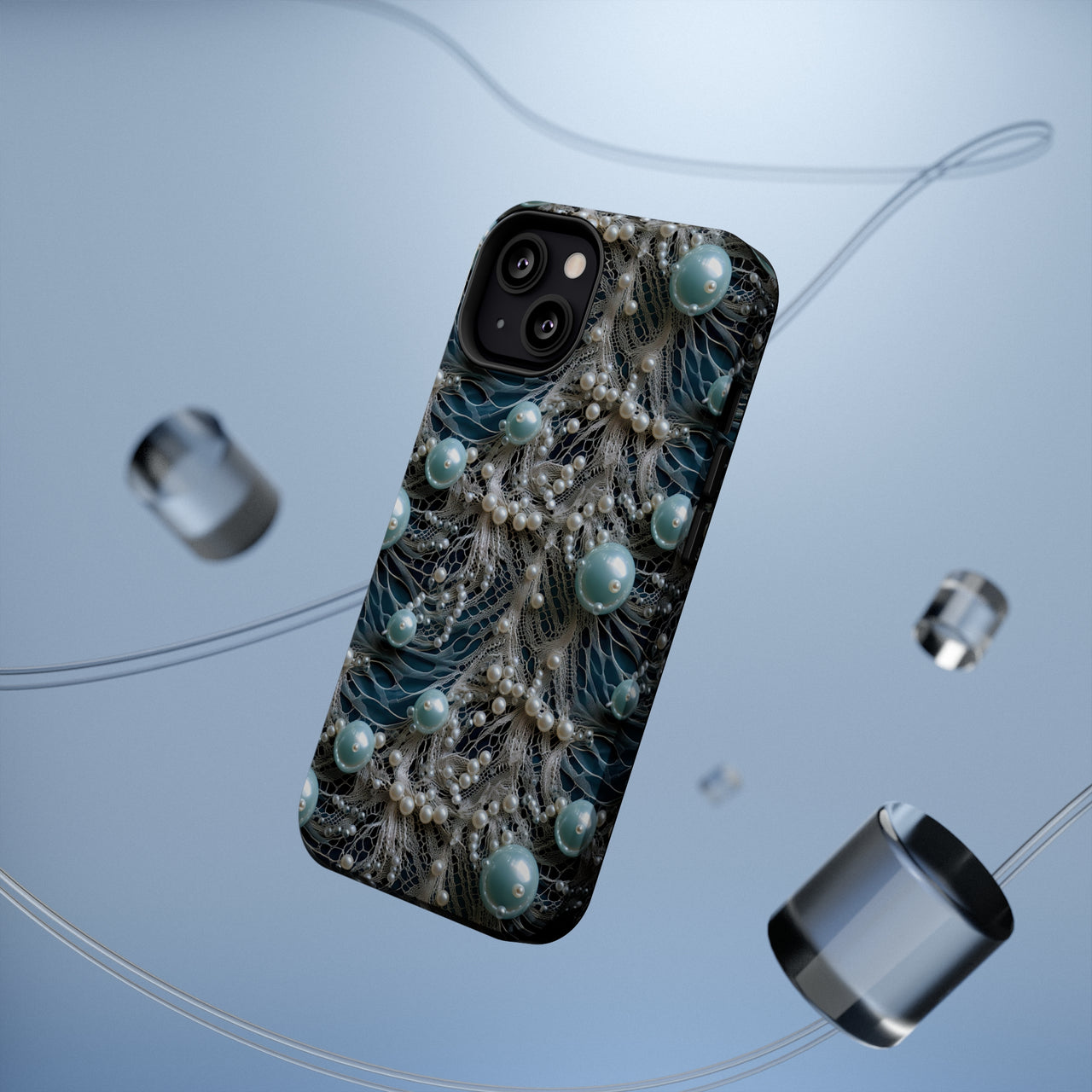 Sea Foam Lace and Pearls MagSafe Tough Cases for iPhone 13, iPhone 13 Mini, iPhone 13 Pro, and iPhone 13 Pro Max.