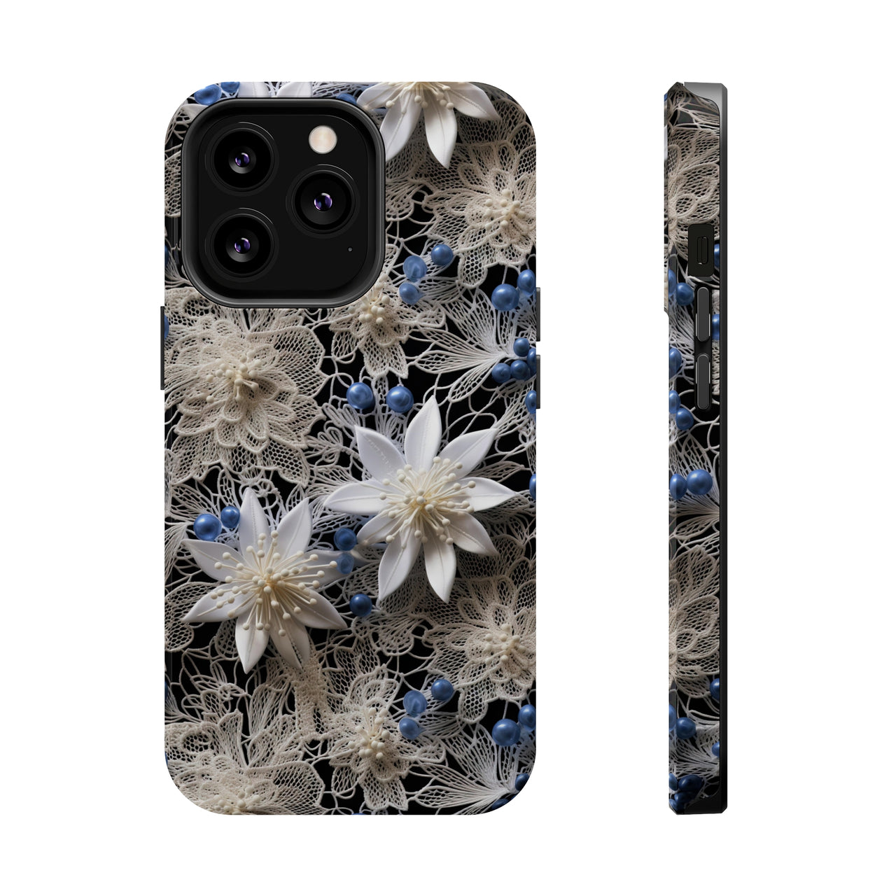 Vintage Lace and Clematis MagSafe Tough Cases for iPhone 13, iPhone 13 Mini, iPhone 13 Pro, and iPhone 13 Pro Max.