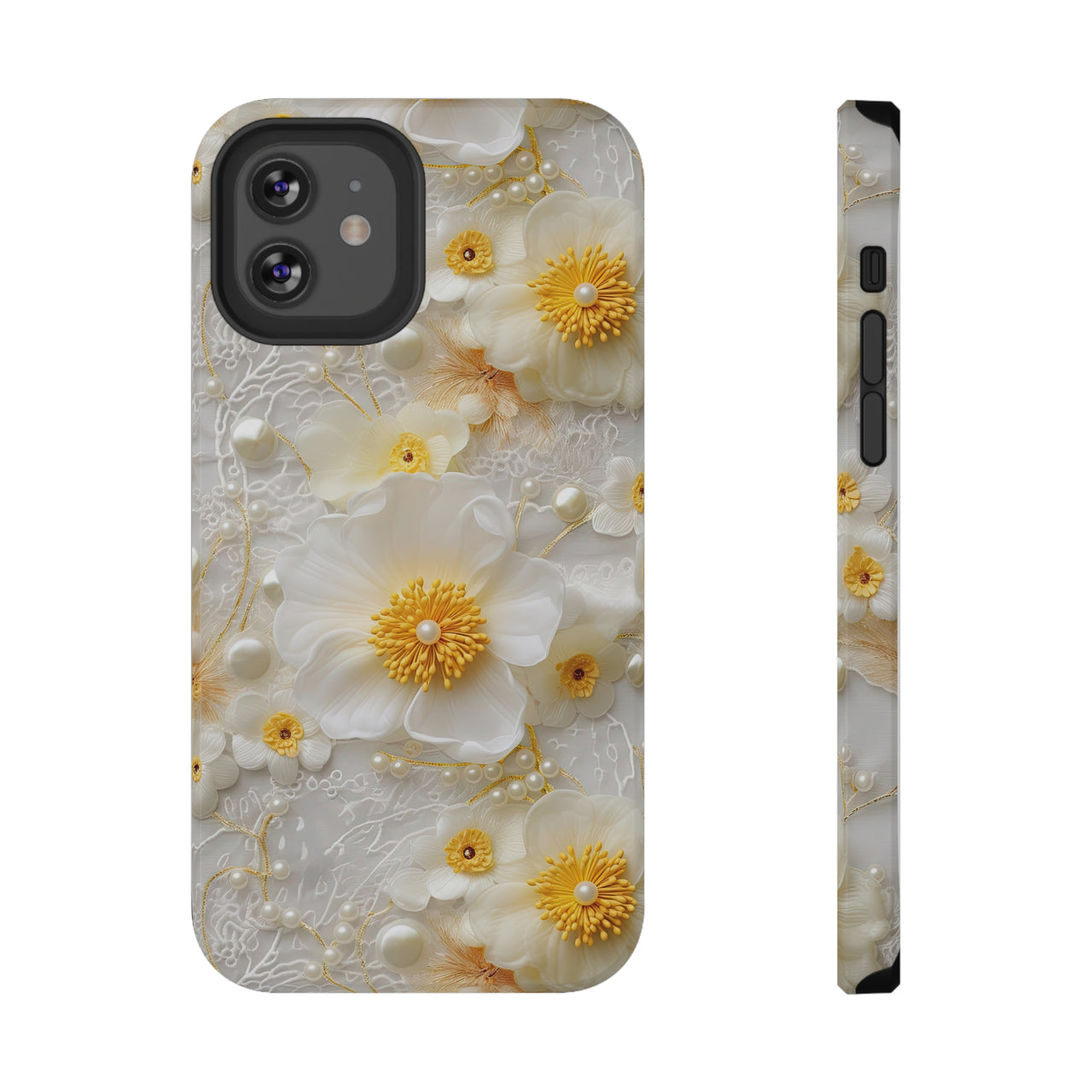 Yellow and White Floral Impact-Resistant Cases for iPhone 12, iPhone 12 Mini, iPhone 12 Pro, and iPhone 12 Pro Max. Supports Wireless Charging.