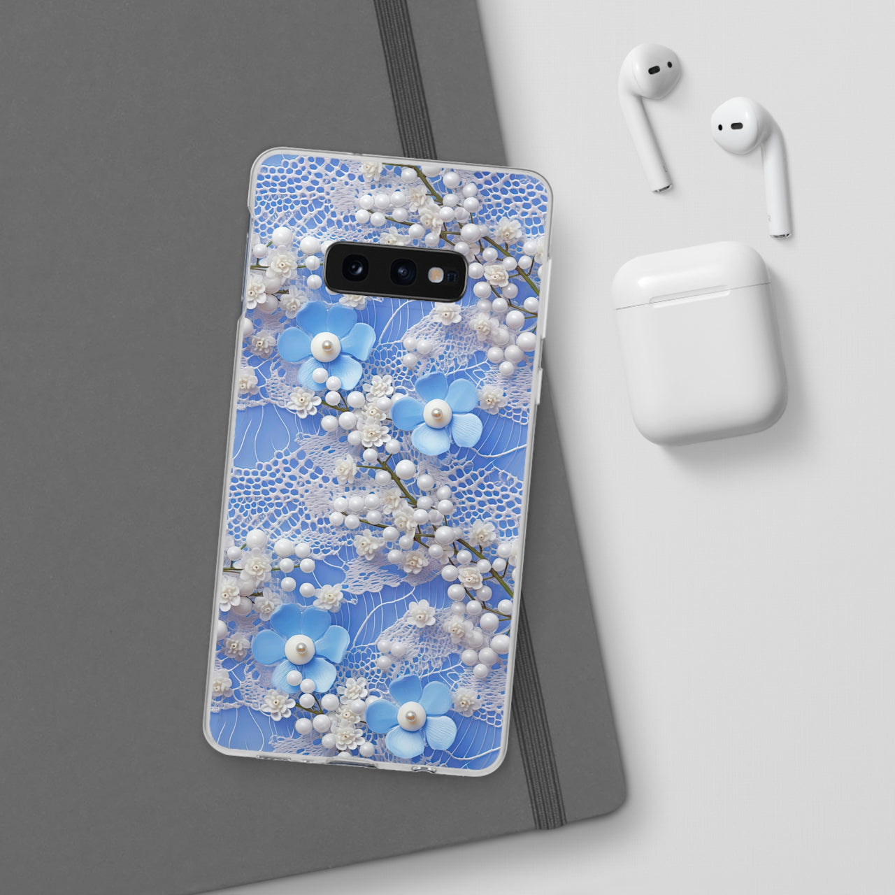 Pearls and Lace on Baby Blue - Flexi Cases for Samsung Galaxy S10, Samsung Galaxy S10E, & Samsung Galaxy S10 Plus