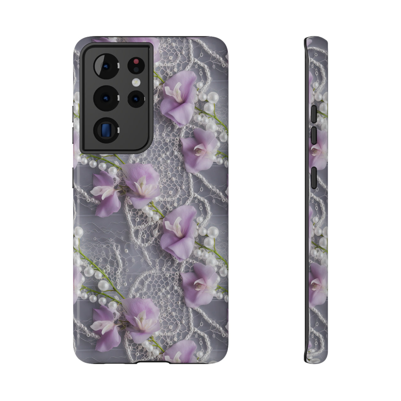 Purple Sweet Pea Impact-Resistant Cases for Samsung Galaxy S21, Samsung Galaxy S21 Plus, and Samsung Galaxy S21 Ultra. Supports Wireless Charging.