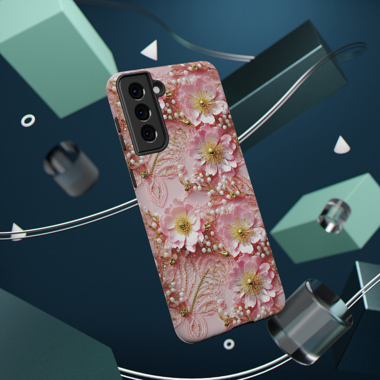 Gold-Kissed Flowers on Pink Lace - Impact-Resistant Case for Samsung Galaxy S21, Samsung Galaxy S21 Plus, and Samsung Galaxy S21 Ultra. Supports Wireless Charging.