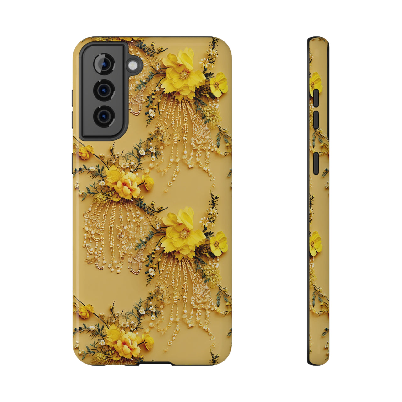 Floral Sunshine Impact-Resistant Case for Samsung Galaxy S21, Samsung Galaxy S21 Plus, and Samsung Galaxy S21 Ultra. Supports Wireless Charging.