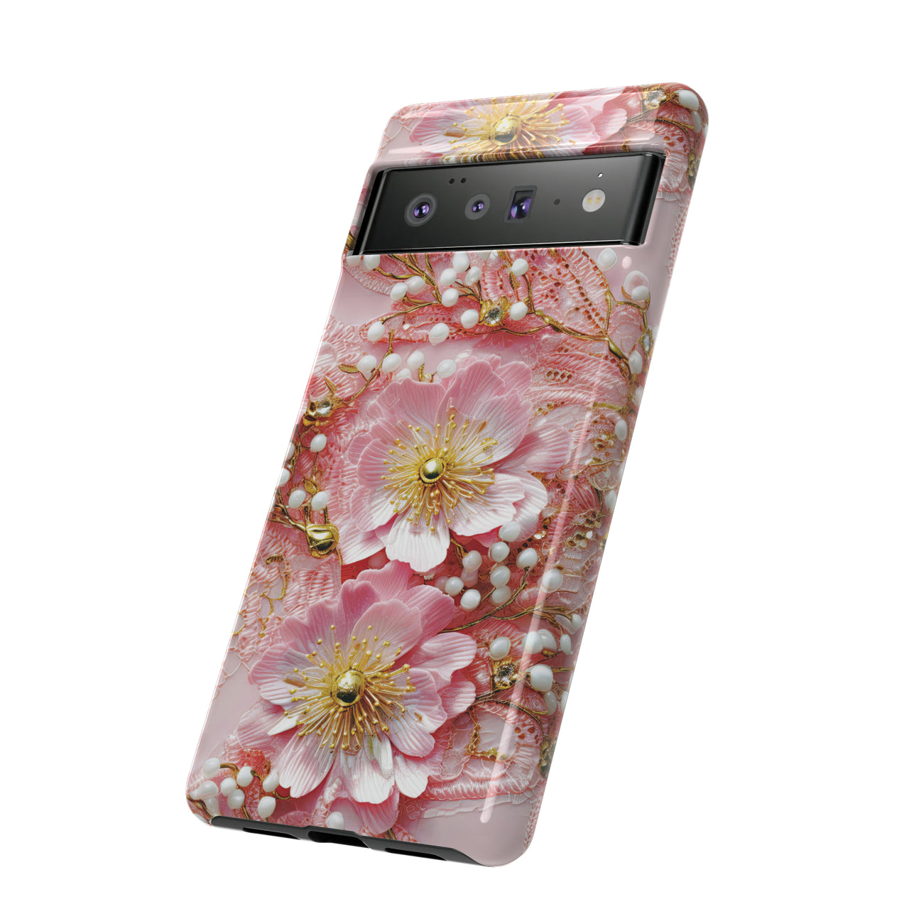 Gold-Kissed Flowers on Pink Lace - Tough Case for Google Pixel 6 and Google Pixel 6 Pro