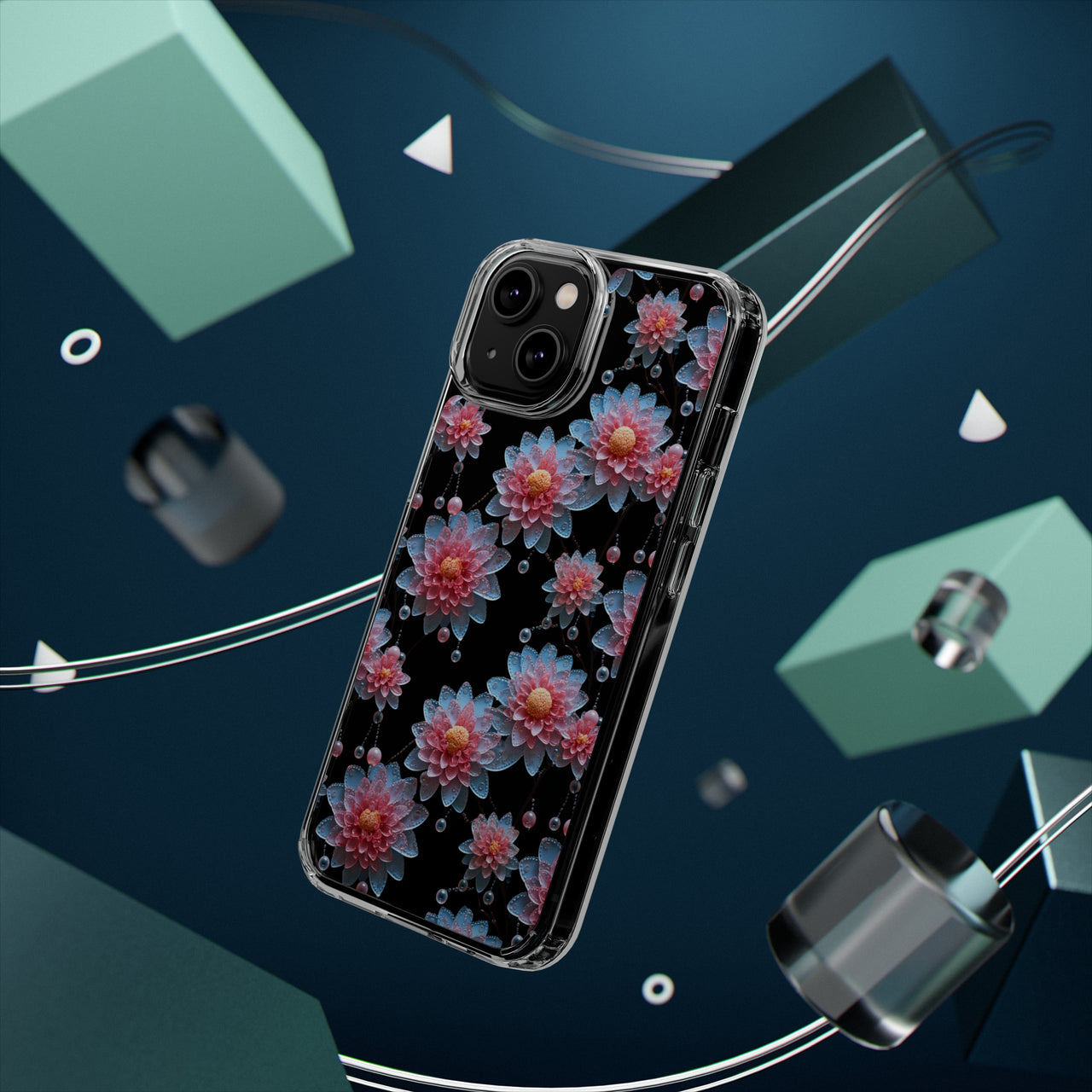 *Clear Case* Pink and Blue Glass Flowers - iPhone 14, iPhone 14 Pro, iPhone 14 Plus, iPhone 14 Pro Max - Supports Wireless Charging