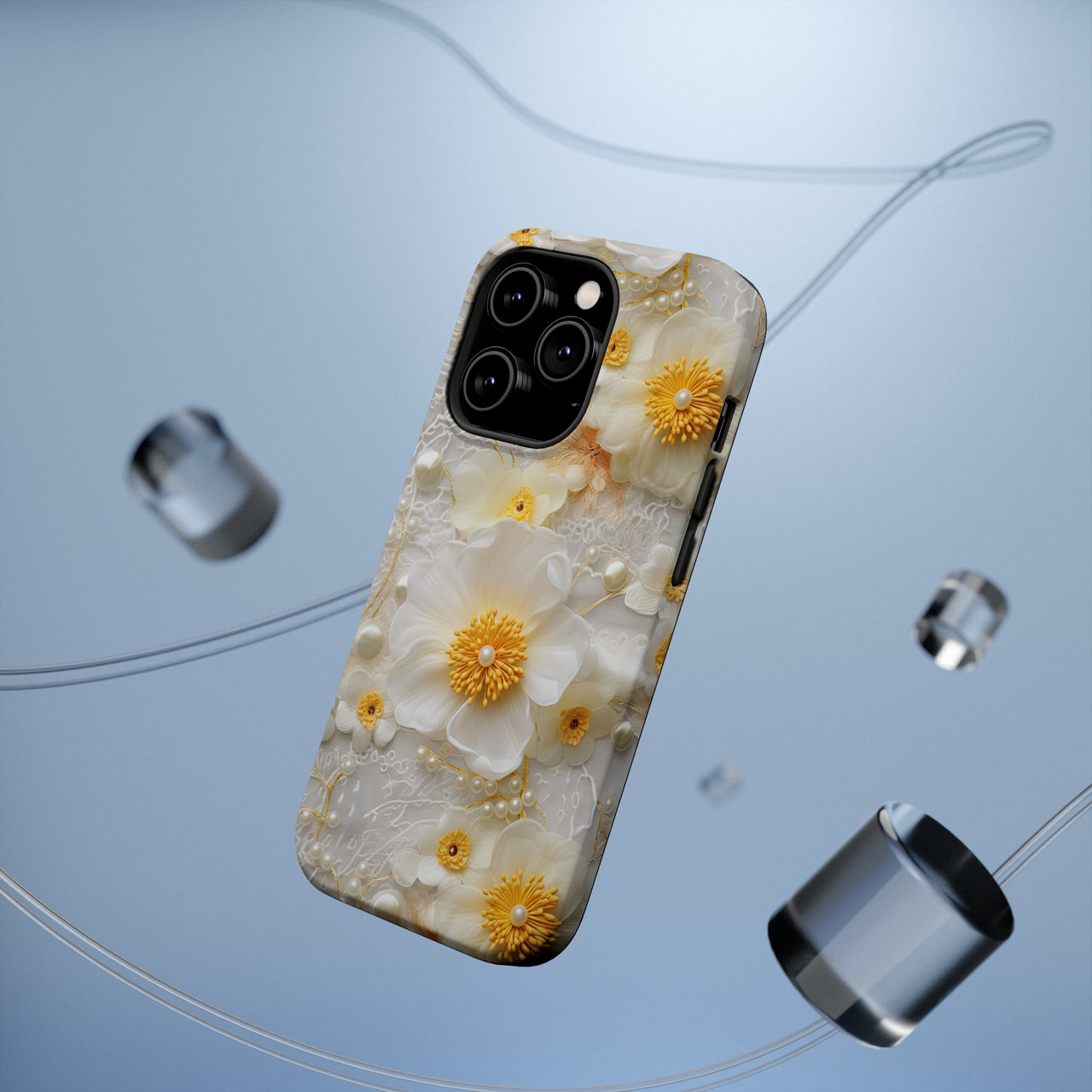 Yellow and White Floral MagSafe Tough Cases for iPhone 14, iPhone 14 Pro, iPhone 14 Plus, and iPhone 14 Pro Max