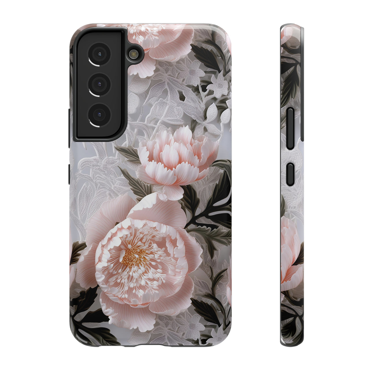 Pink Peony Impact-Resistant Cases for Samsung Galaxy S22, Samsung Galaxy S22 Plus, and Samsung Galaxy S22 Ultra. Supports Wireless Charging.