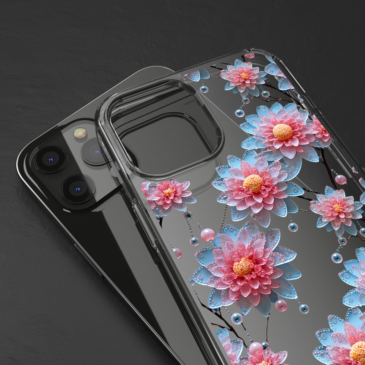 *Clear Case* Pink and Blue Glass Flowers - iPhone 12, iPhone 12 Mini, iPhone 12 Pro, iPhone 12 Pro Max - Supports Wireless Charging