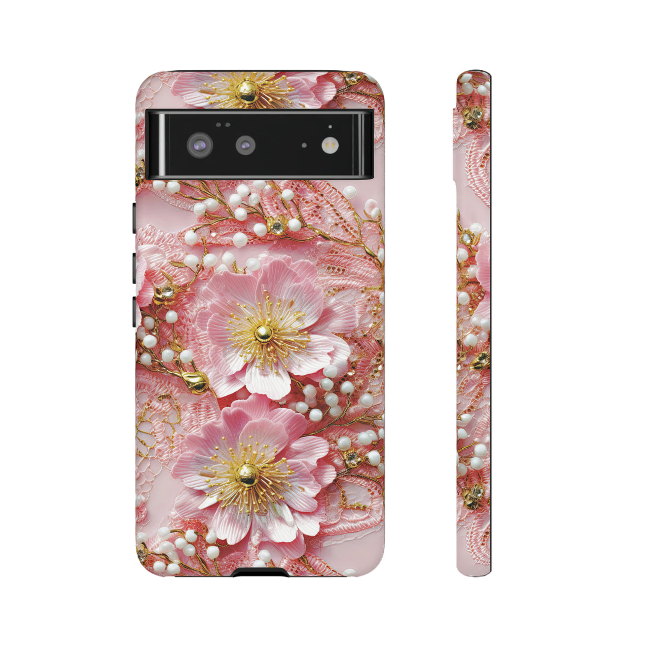 Gold-Kissed Flowers on Pink Lace - Tough Case for Google Pixel 6 and Google Pixel 6 Pro