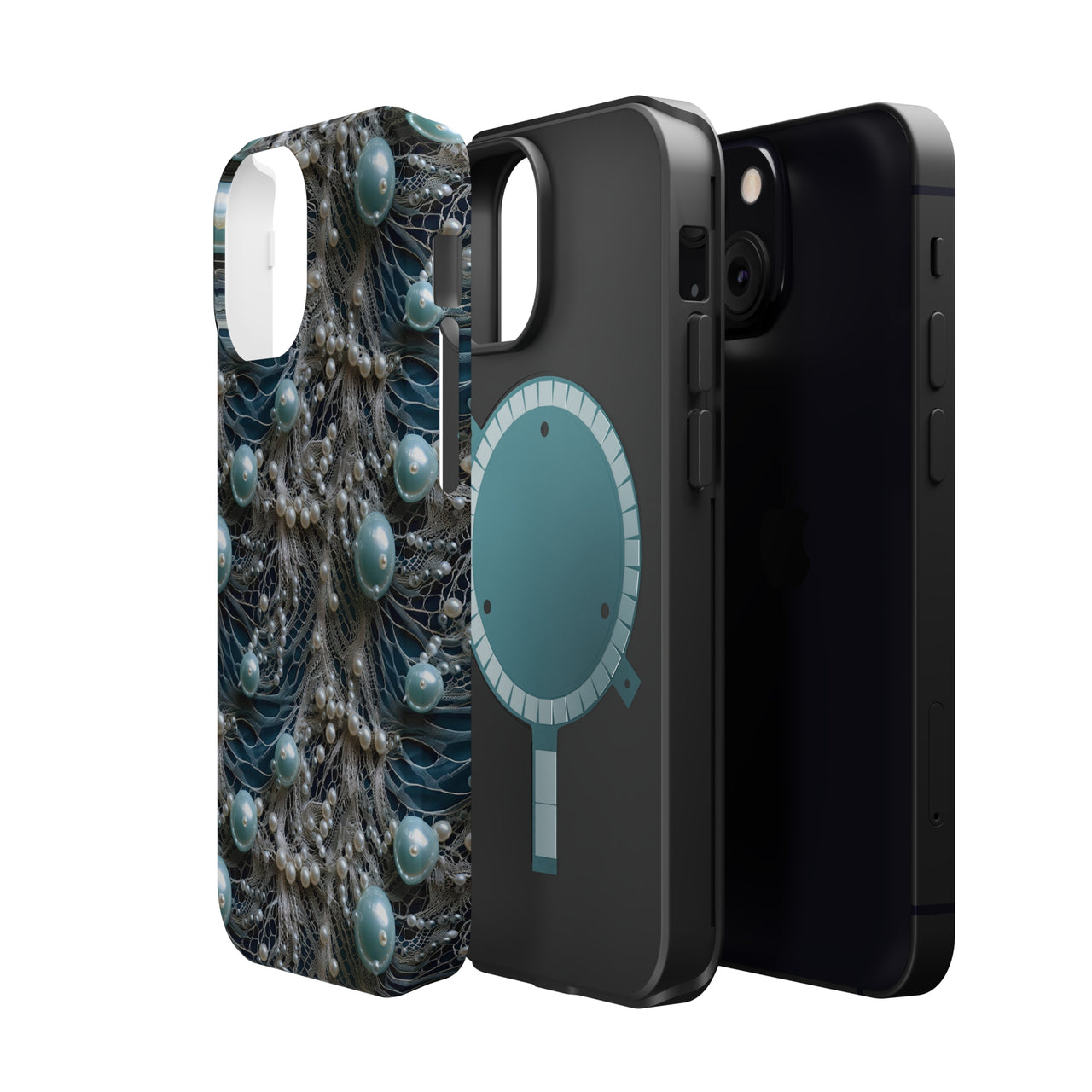 Sea Foam Lace and Pearls MagSafe Tough Cases for iPhone 13, iPhone 13 Mini, iPhone 13 Pro, and iPhone 13 Pro Max.