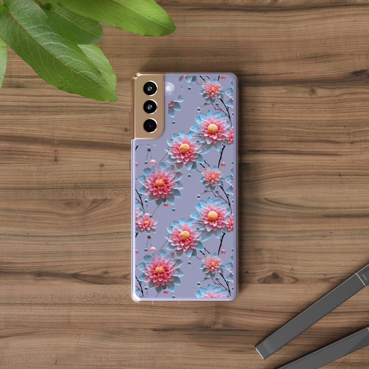 *Clear Case* Pink and Blue Glass Flowers - Samsung Galaxy S21, Samsung Galaxy S21 Plus, Samsung Galaxy S21 Ultra - Supports Wireless Charging