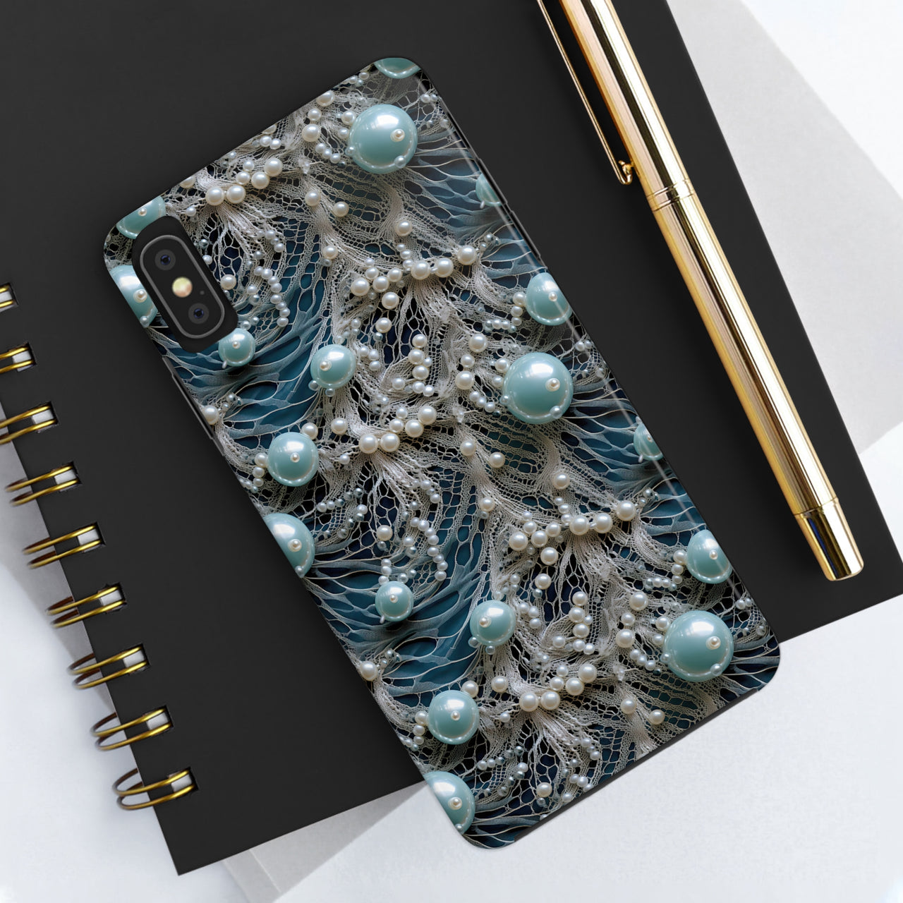 Sea Foam Lace and Pearls Tough Phone Cases for iPhone X, iPhone XR, iPhone XS, and iPhone XS MAX. Supports Wireless Charging.