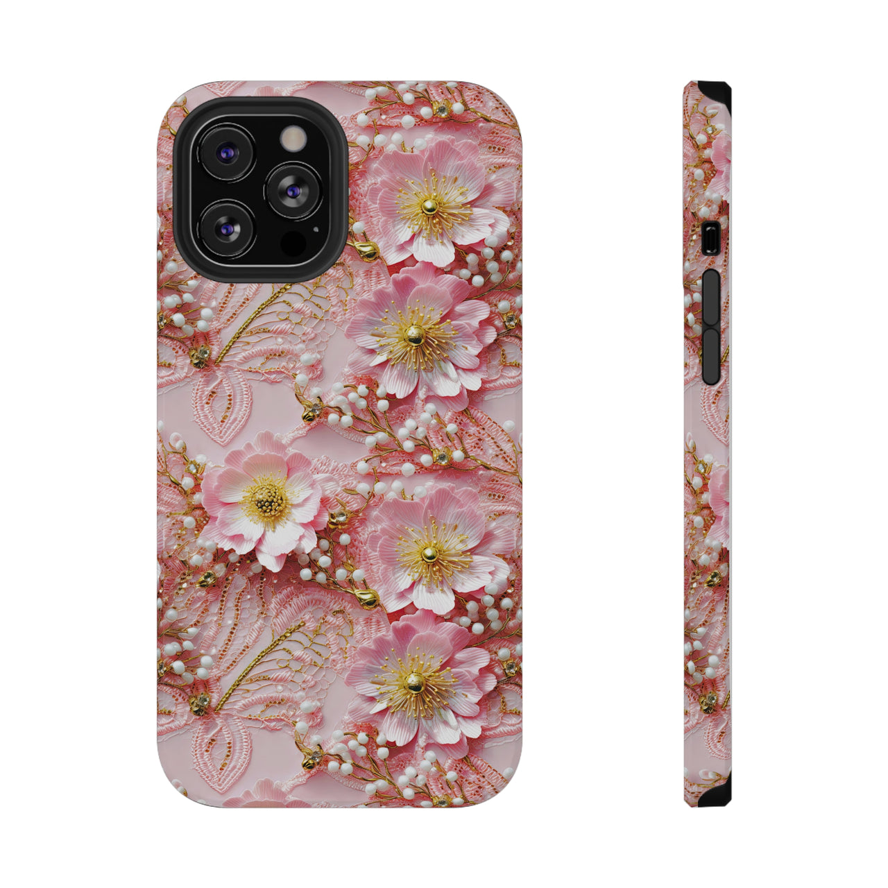 Gold-Kissed Flowers on Pink Lace - Impact-Resistant Case for iPhone 12, iPhone 12 Mini, iPhone 12 Pro, and iPhone 12 Pro Max. Supports Wireless Charging.