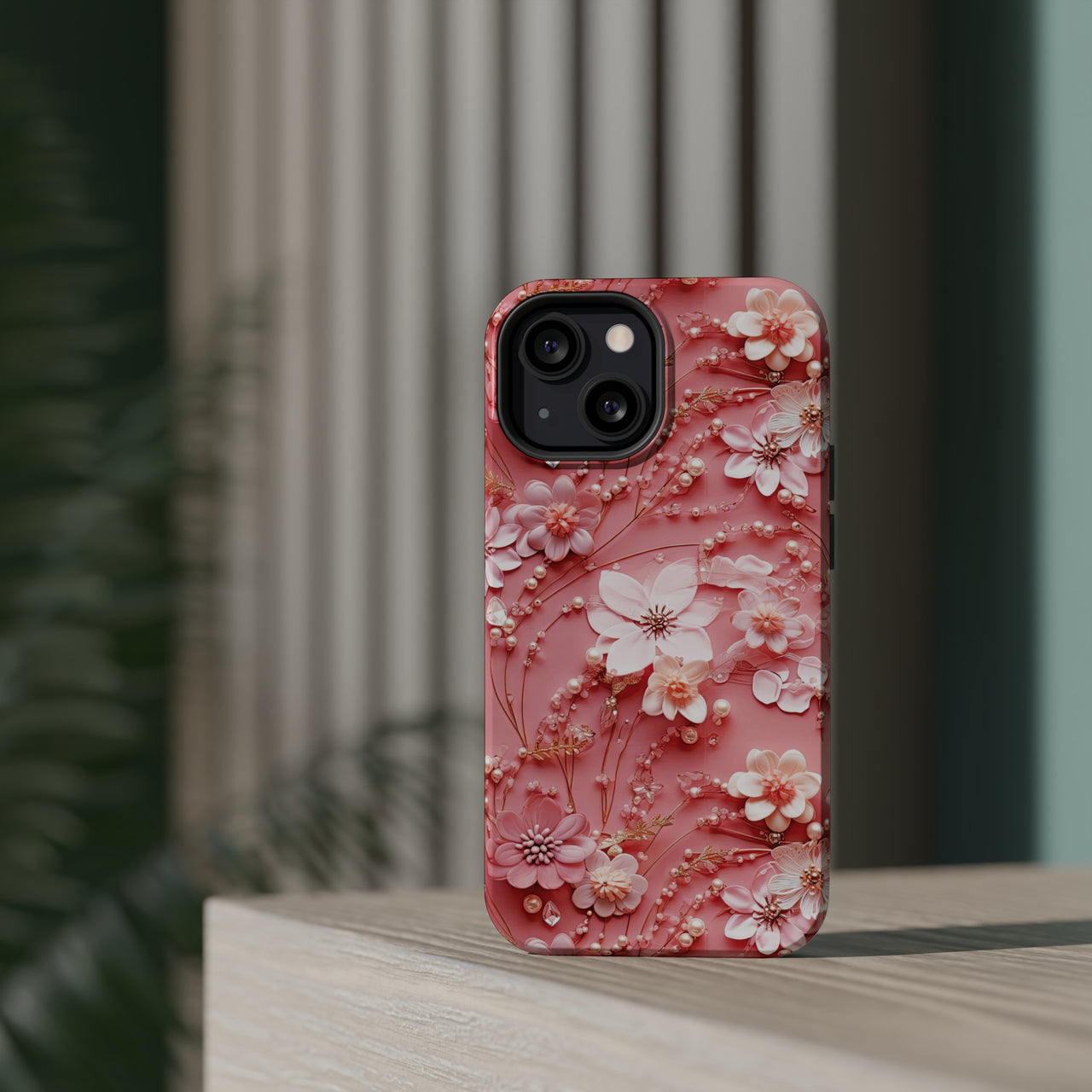 Floral Champagne Toast MagSafe Tough Cases for iPhone 13, iPhone 13 Mini, iPhone 13 Pro, and iPhone 13 Pro Max.