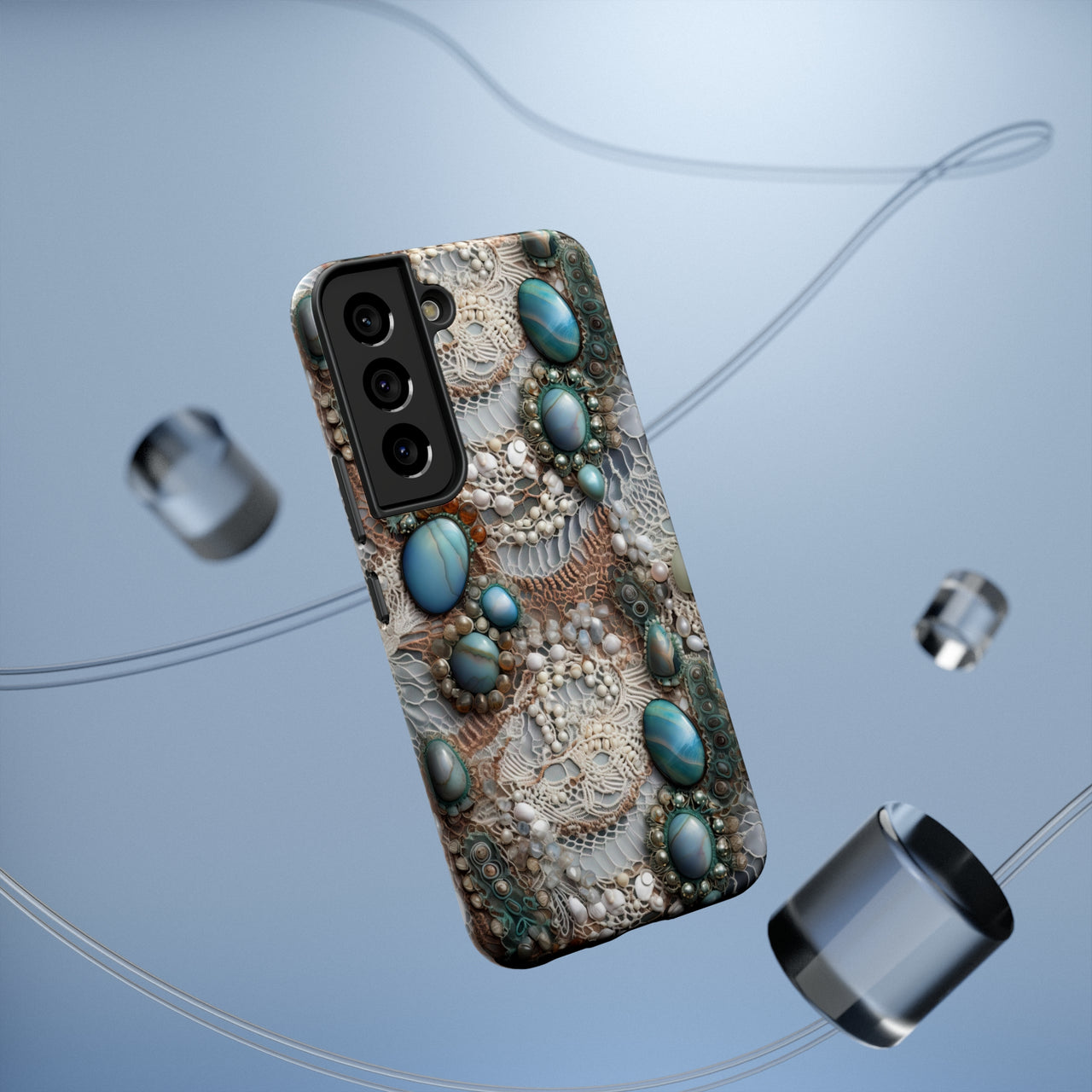 Boho Agate and Lace Impact-Resistant Cases for Samsung Galaxy S22, Samsung Galaxy S22 Plus, and Samsung Galaxy S22 Ultra. Supports Wireless Charging.