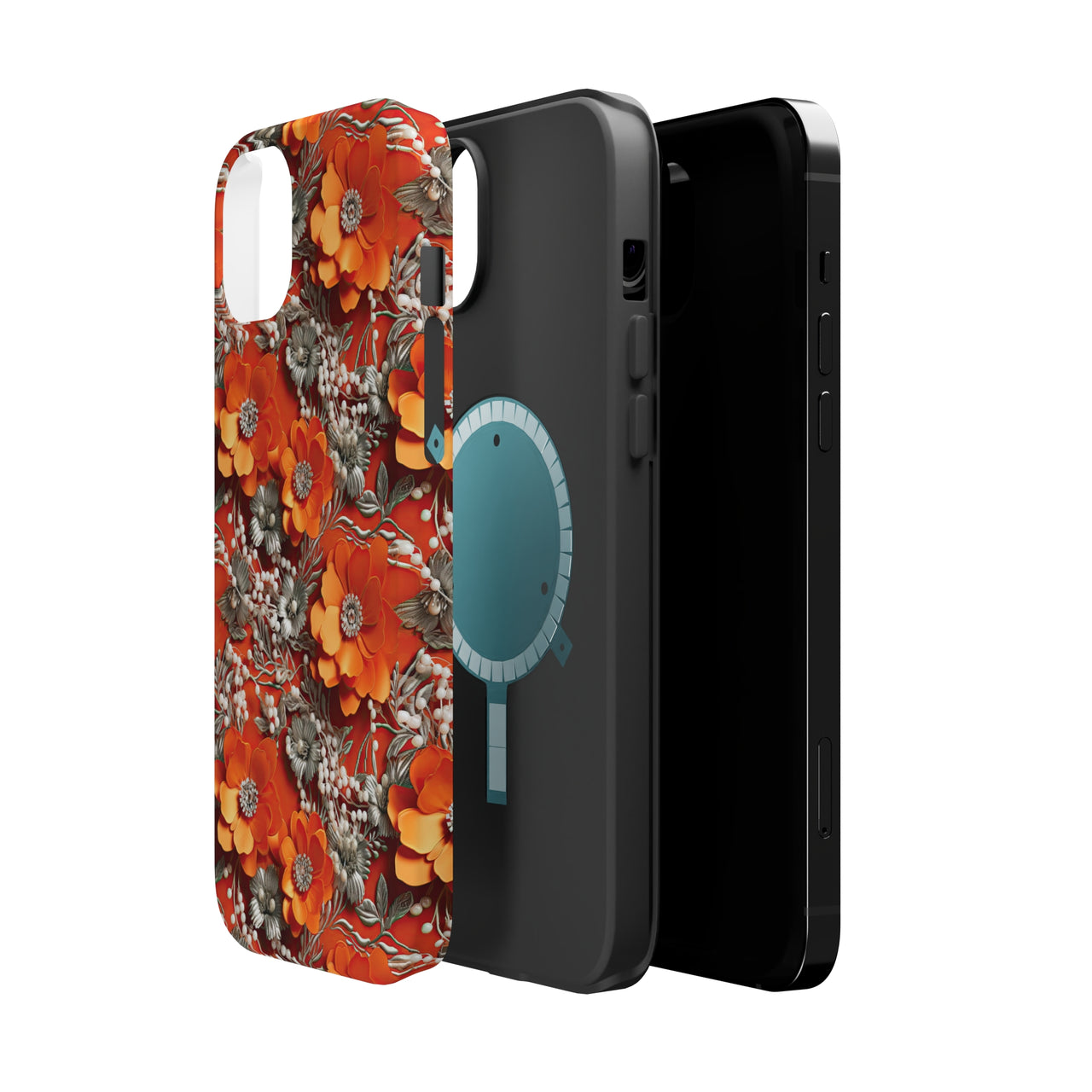 Orange Petals in Silver Tapestry MagSafe Tough Cases for iPhone 14, iPhone 14 Pro, iPhone 14 Plus, and iPhone 14 Pro Max