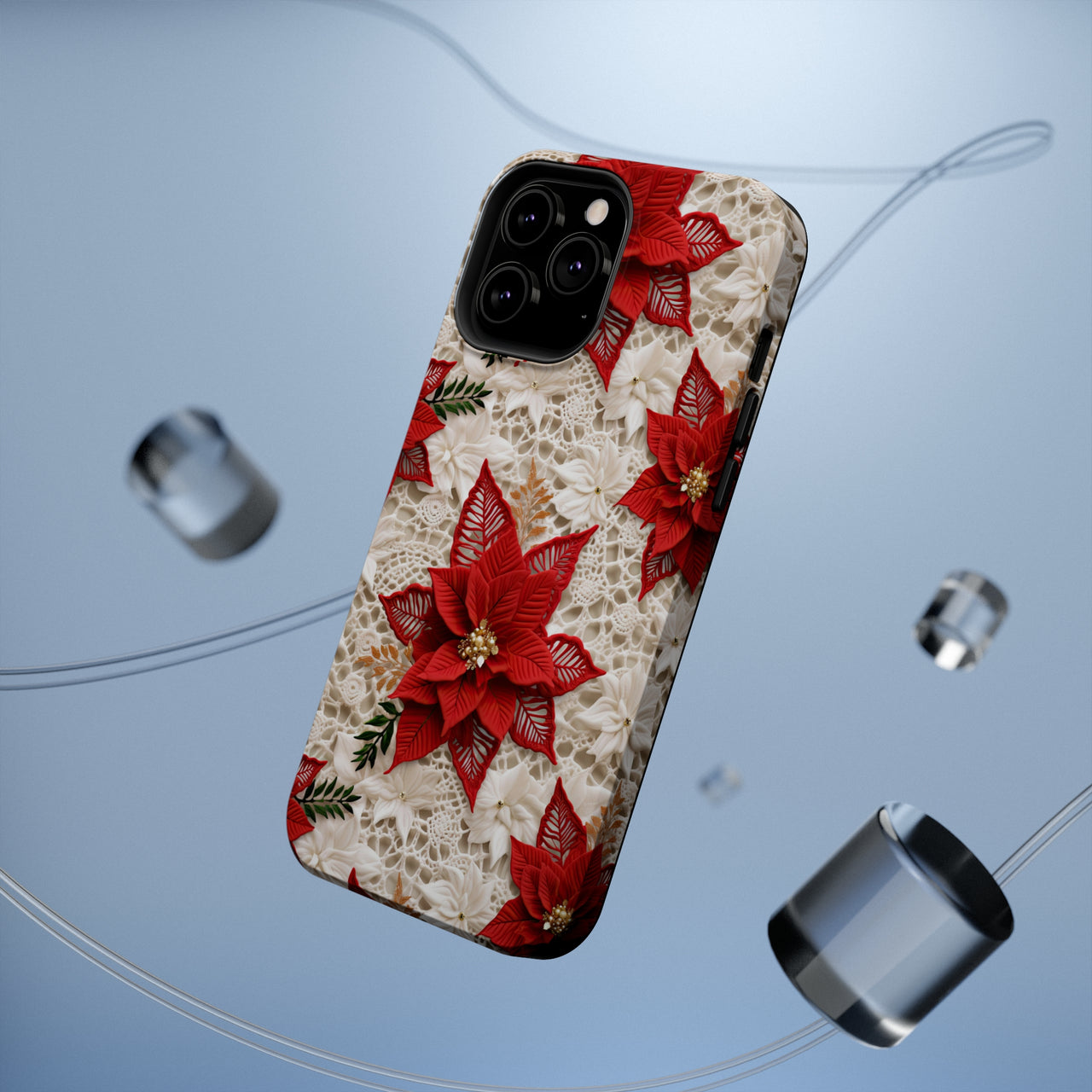 Christmas Poinsettia MagSafe Tough Cases for iPhone 13, iPhone 13 Mini, iPhone 13 Pro, and iPhone 13 Pro Max.