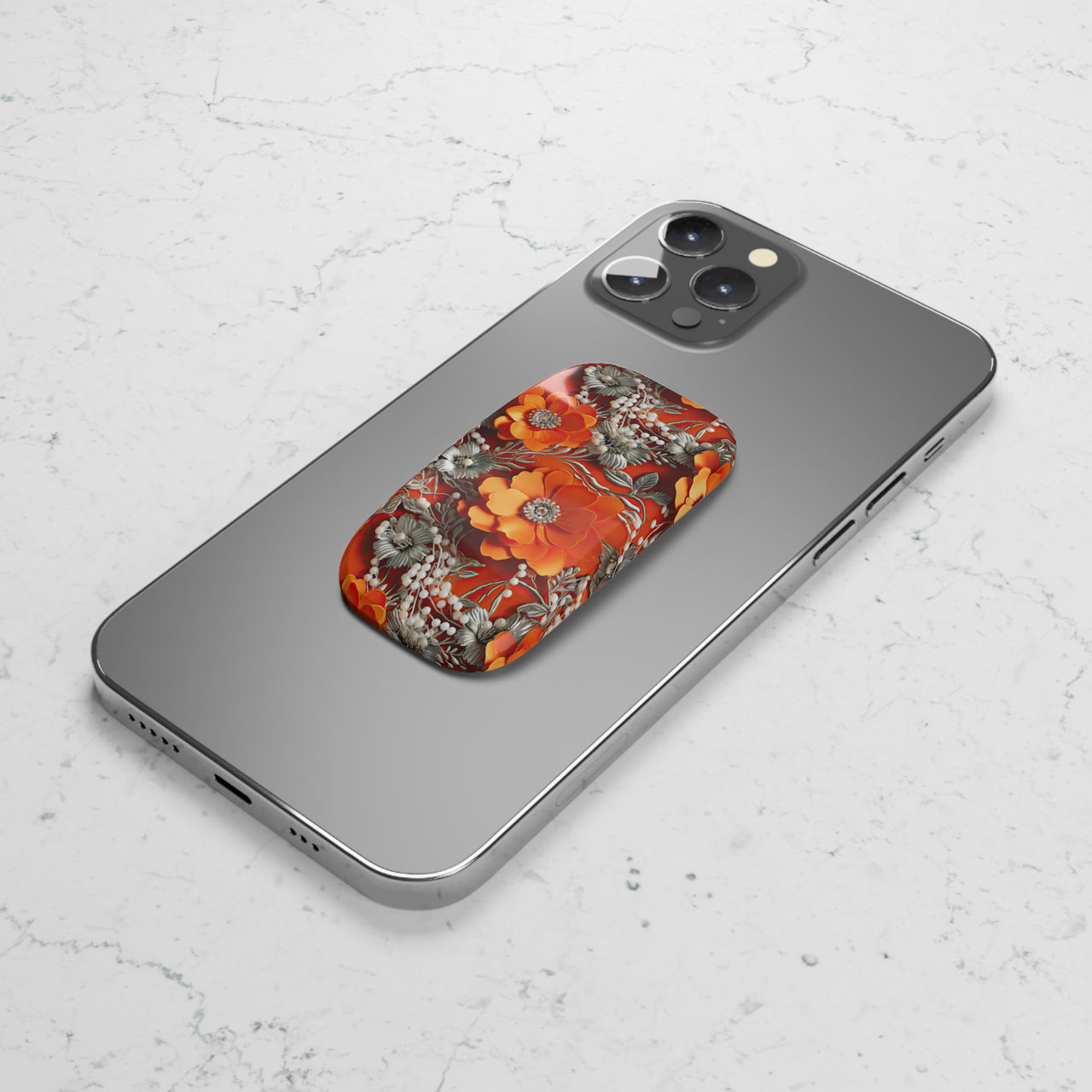 Orange Petals in Silver Tapestry Phone Click-On Grip