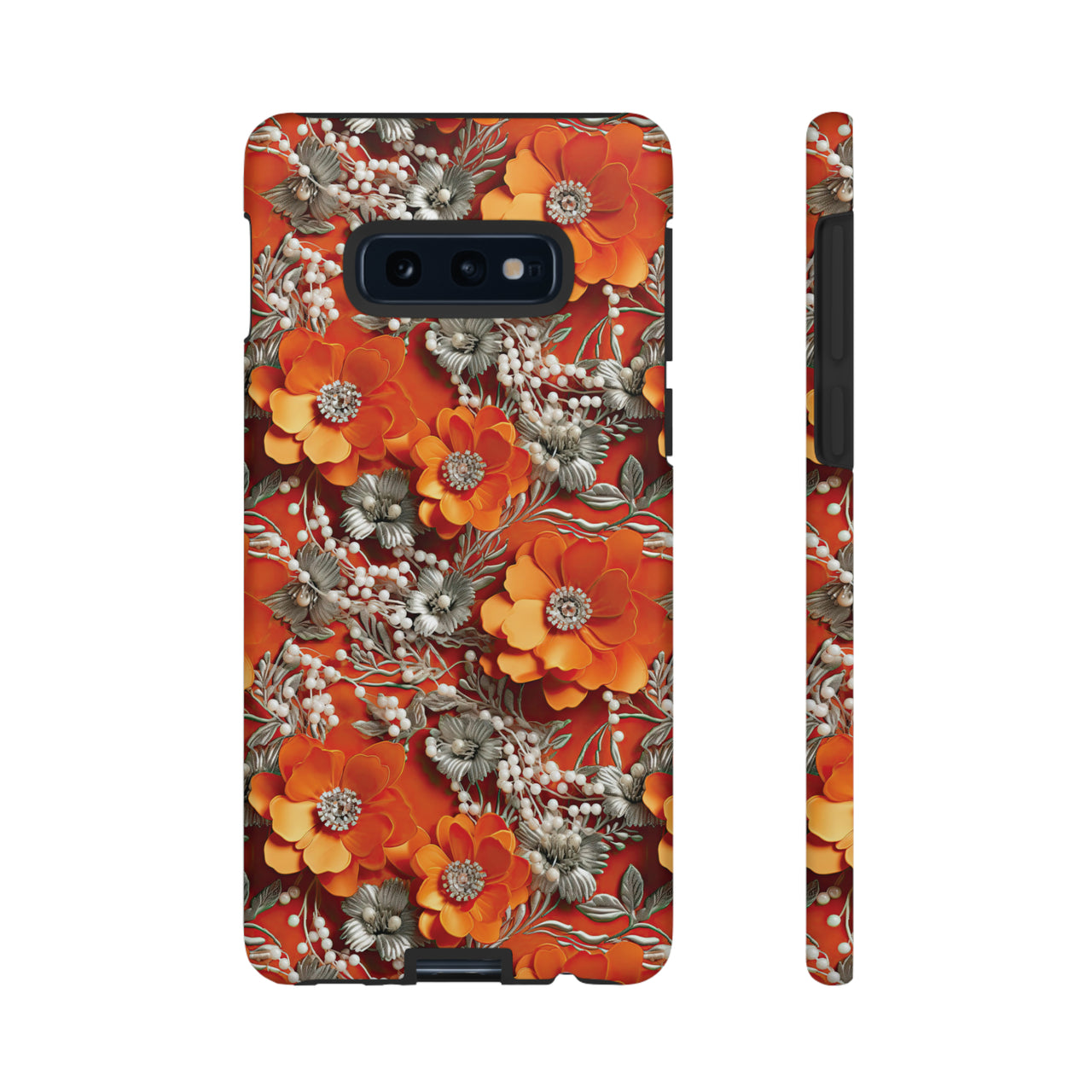 Orange Petals in Silver Tapestry Tough Case for Samsung Galaxy S10, Samsung Galaxy S10E, and Samsung Galaxy S10 Plus