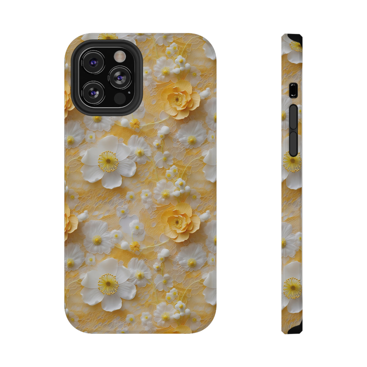 Yellow Floral Impact-Resistant Case for iPhone 12, iPhone 12 Mini, iPhone 12 Pro, and iPhone 12 Pro Max. Supports Wireless Charging.