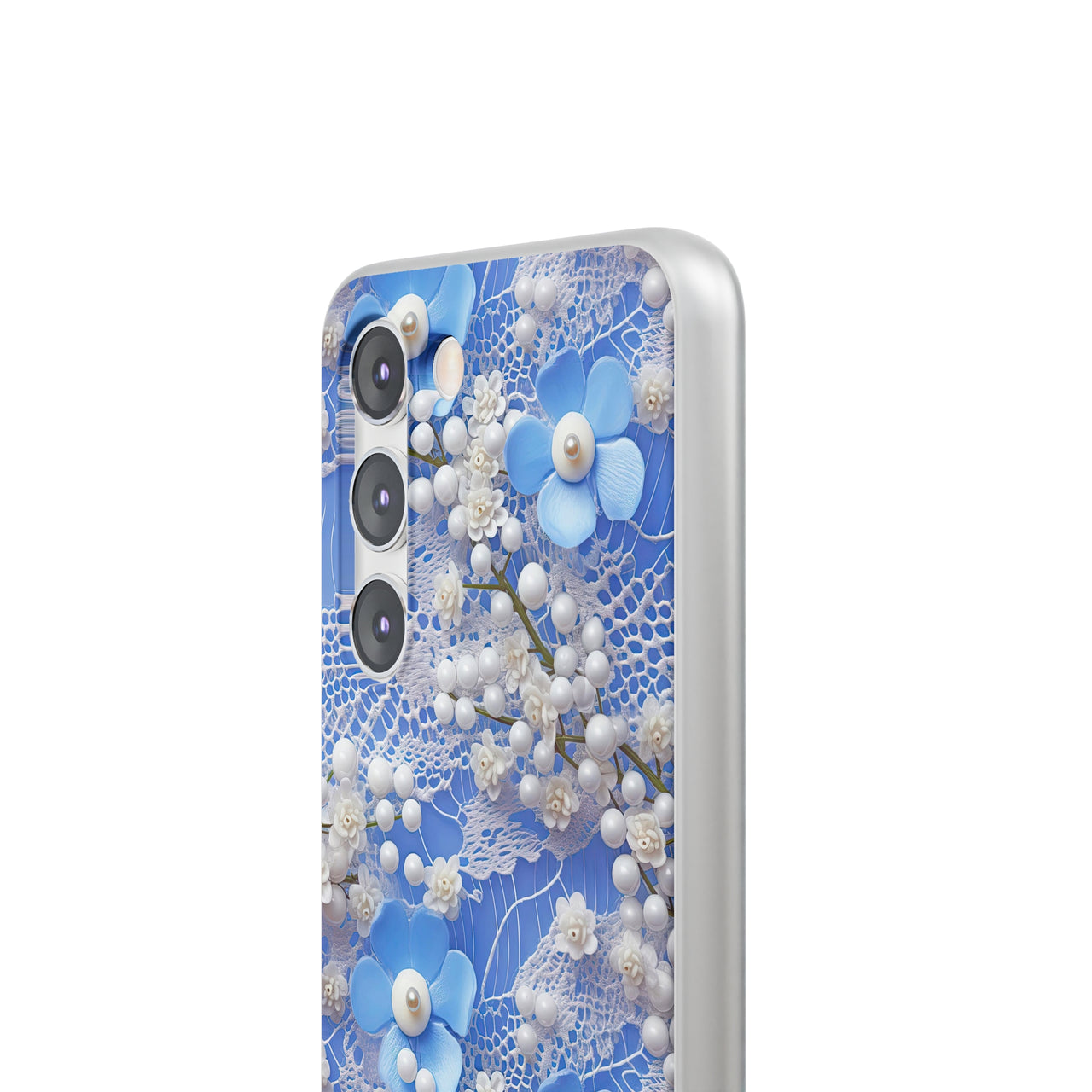 Pearls and Lace on Baby Blue - Flexi Cases for Samsung Galaxy S23, Samsung Galaxy S23 Plus, and Samsung Galaxy S23 Ultra