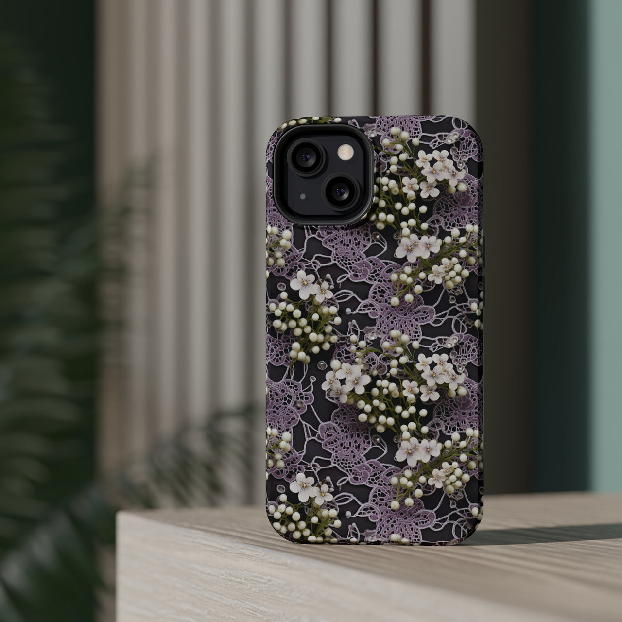 White Flowers on a Purple Bed - MagSafe Tough Cases for iPhone 13, iPhone 13 Mini, iPhone 13 Pro, and iPhone 13 Pro Max.