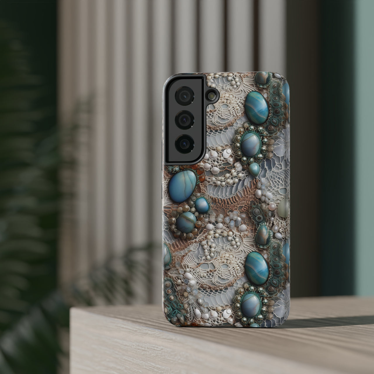 Boho Agate and Lace Impact-Resistant Cases for Samsung Galaxy S22, Samsung Galaxy S22 Plus, and Samsung Galaxy S22 Ultra. Supports Wireless Charging.