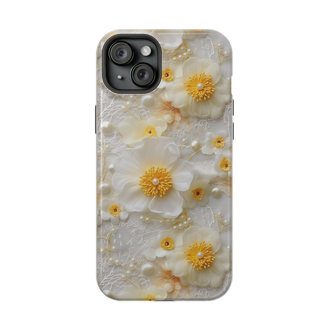 White and Yellow Floral - MagSafe Tough Case for iPhone 15, iPhone 15 Pro, iPhone 15 Plus, & iPhone 15 Pro Max