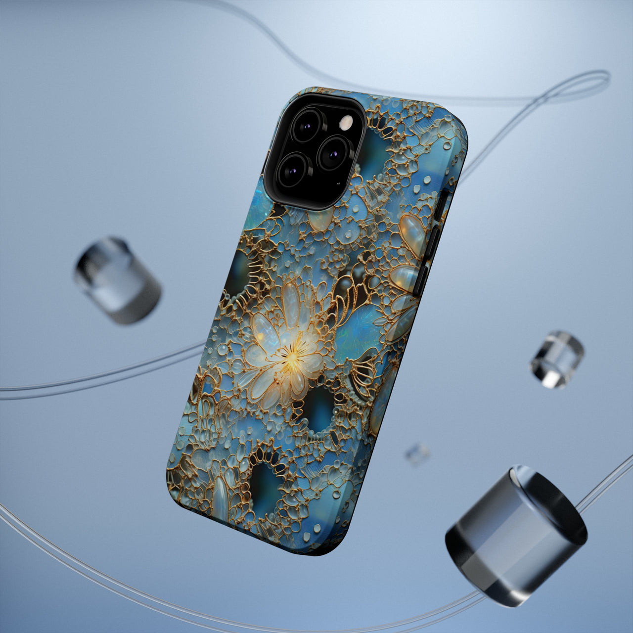 Gemstones and Gold Lace MagSafe Tough Cases for iPhone 13, iPhone 13 Mini, iPhone 13 Pro, and iPhone 13 Pro Max.