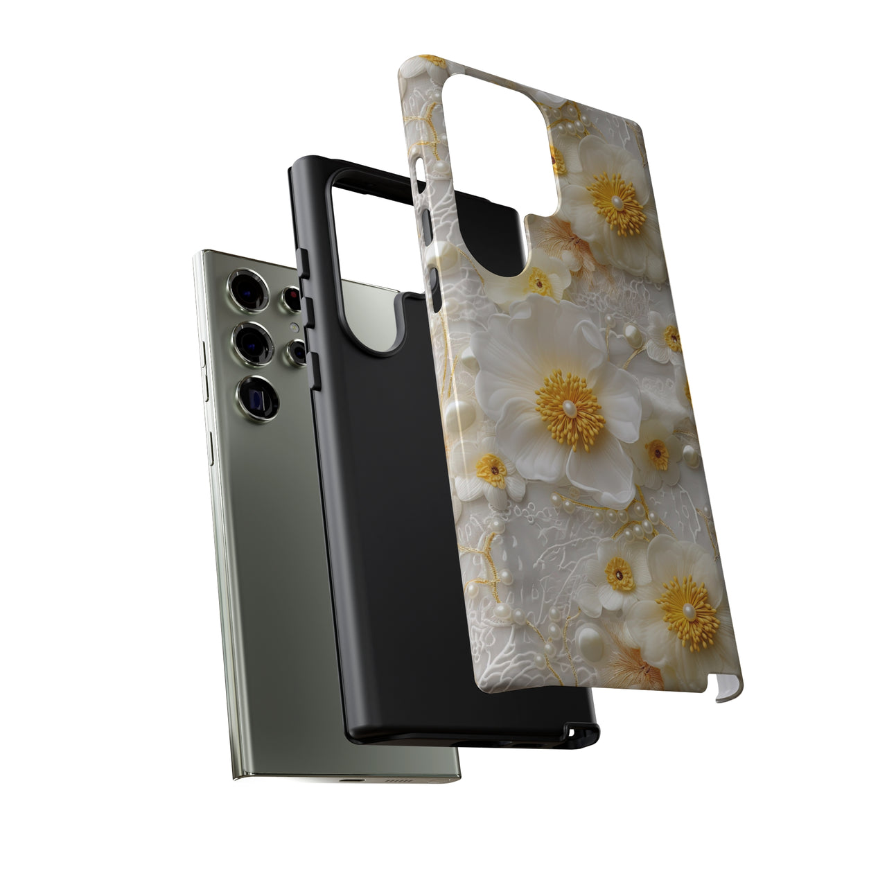 White and Yellow Floral Tough Cases for Samsung Galaxy S23, Samsung Galaxy S23 Plus, and Samsung Galaxy S23 Ultra