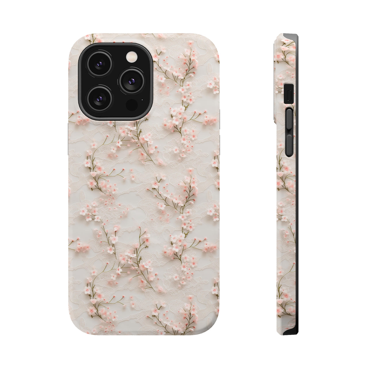 White Lace and Cherry Blossoms MagSafe Tough Cases for iPhone 14, iPhone 14 Pro, iPhone 14 Plus, and iPhone 14 Pro Max