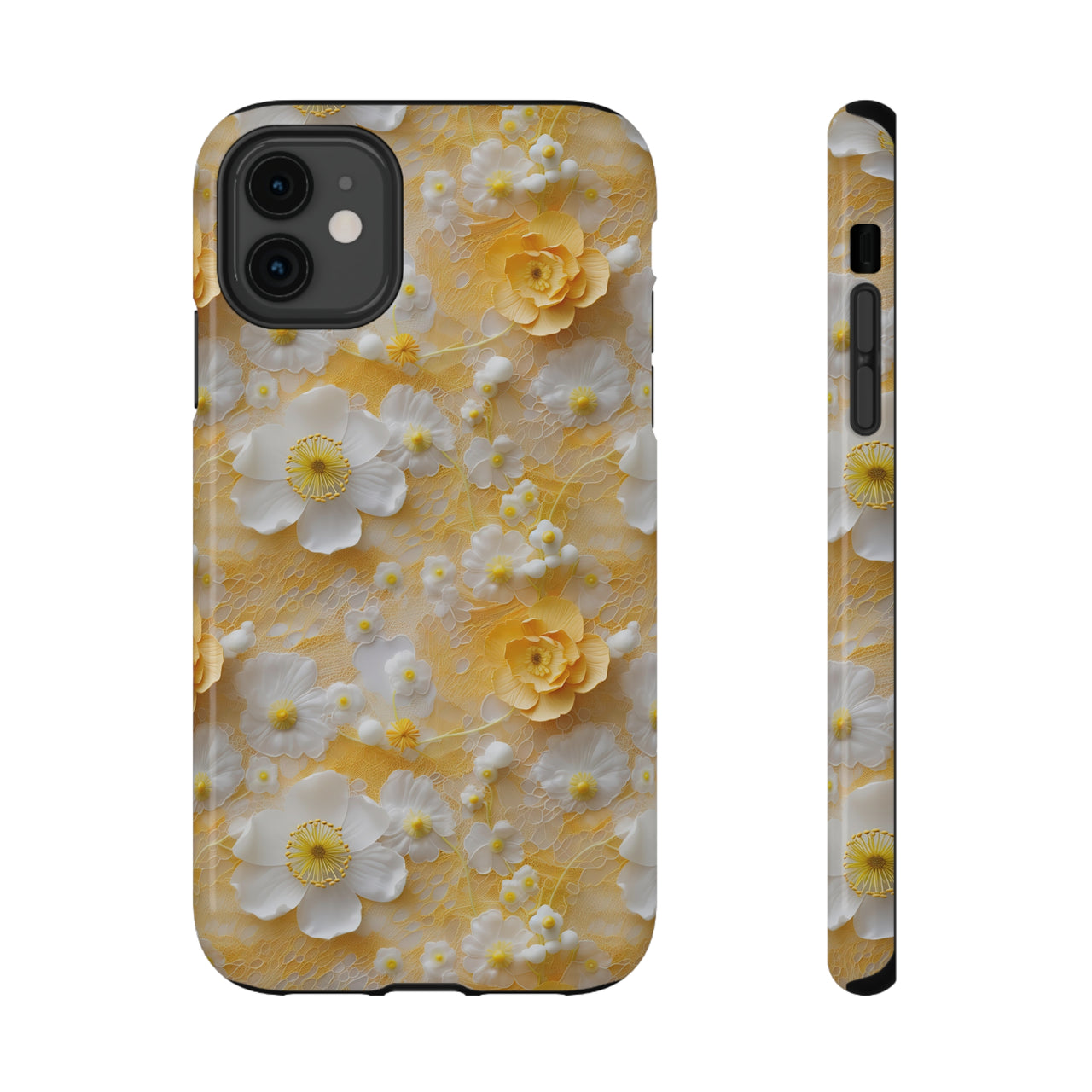 Yellow Floral Impact-Resistant Cases for iPhone 11, iPhone 11 Pro, and iPhone 11 Pro Max. Supports Wireless Charging.