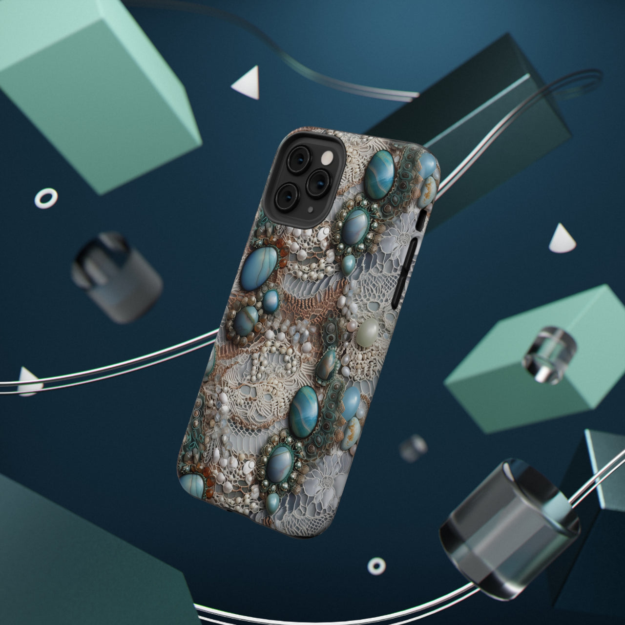 Boho Agate and Lace Impact-Resistant Cases for iPhone 11, iPhone 11 Pro, and iPhone 11 Pro Max. Supports Wireless Charging.