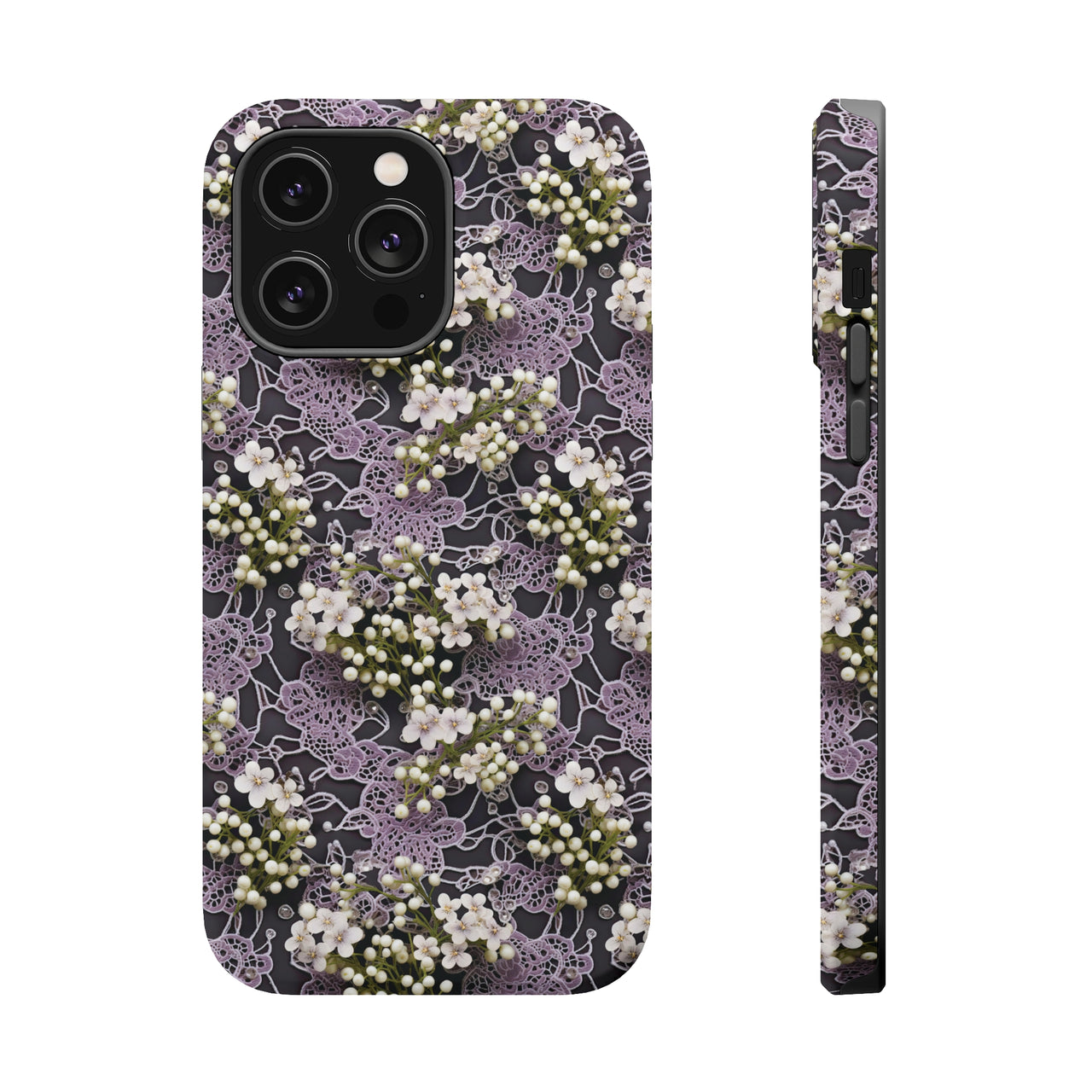 White Flowers on a Purple Bed - MagSafe Tough Cases for iPhone 14, iPhone 14 Pro, iPhone 14 Plus, and iPhone 14 Pro Max