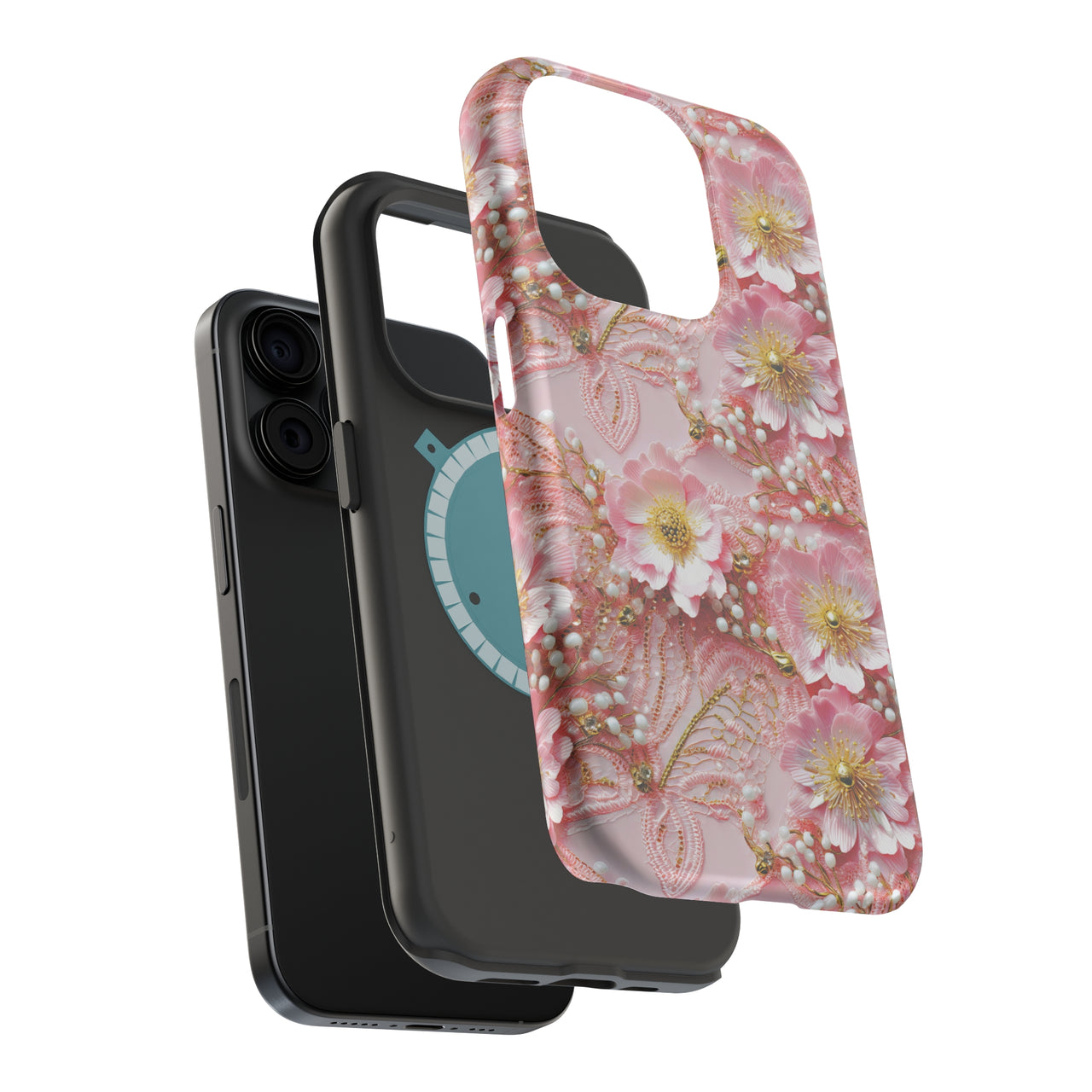 Gold-Kissed Flowers on Pink Lace - MagSafe Tough Case for iPhone 15, iPhone 15 Pro, iPhone 15 Plus, & iPhone 15 Pro Max