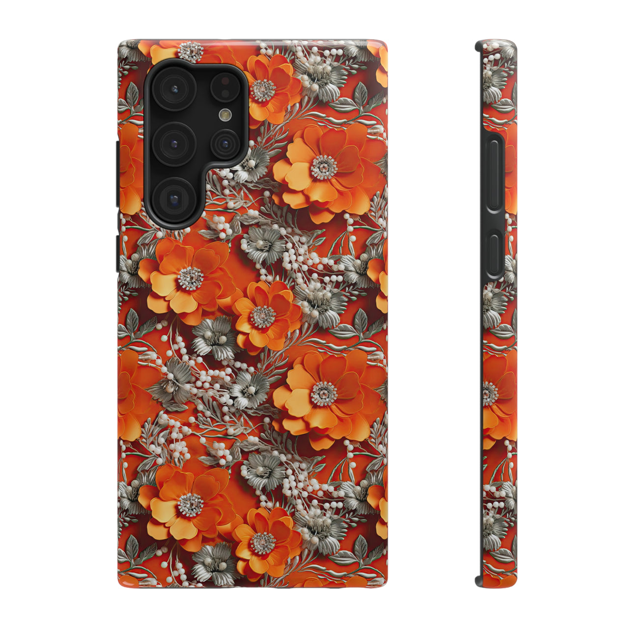 Orange Petals in Silver Tapestry Impact-Resistant Case for Samsung Galaxy S22, Samsung Galaxy S22 Plus, and Samsung Galaxy S22 Ultra. Supports Wireless Charging.