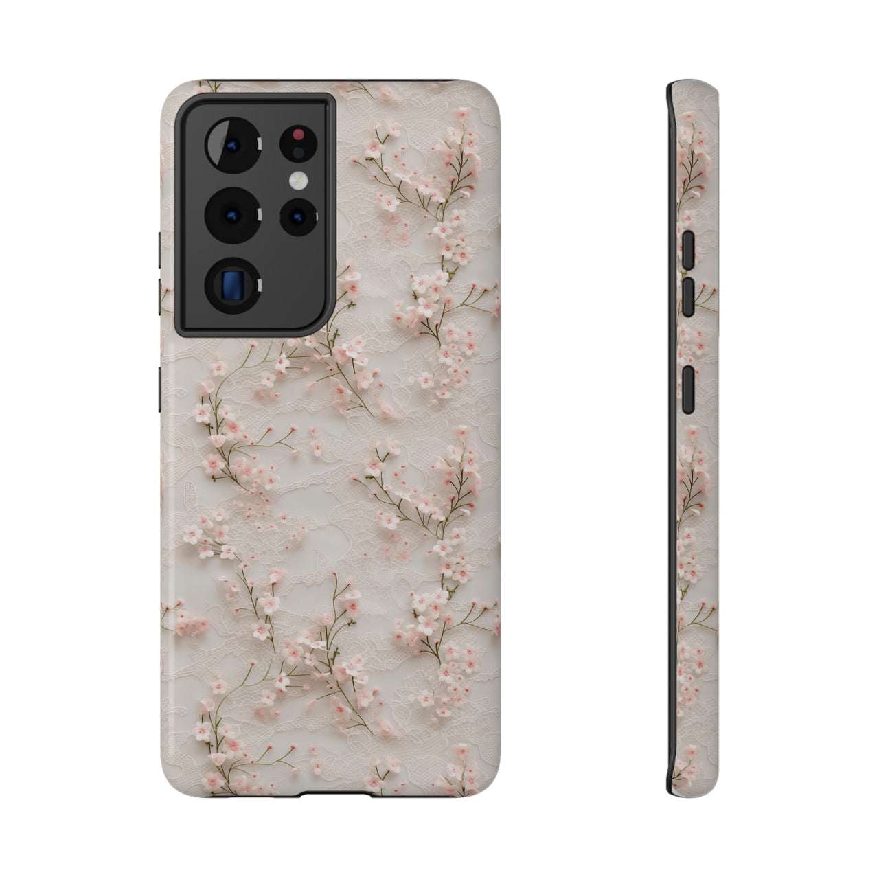 White Lace and Cherry Blossoms Impact-Resistant Cases for Samsung Galaxy S21, Samsung Galaxy S21 Plus, and Samsung Galaxy S21 Ultra. Supports Wireless Charging.