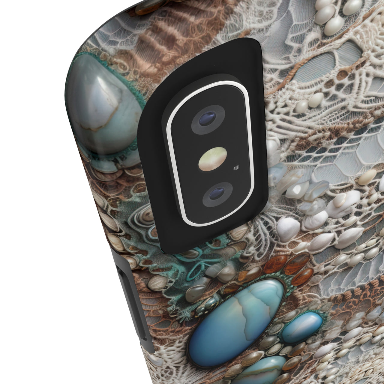 Boho Agate and Lace Tough Phone Cases for iPhone X, iPhone XR, iPhone XS, and iPhone XS MAX. Supports Wireless Charging.