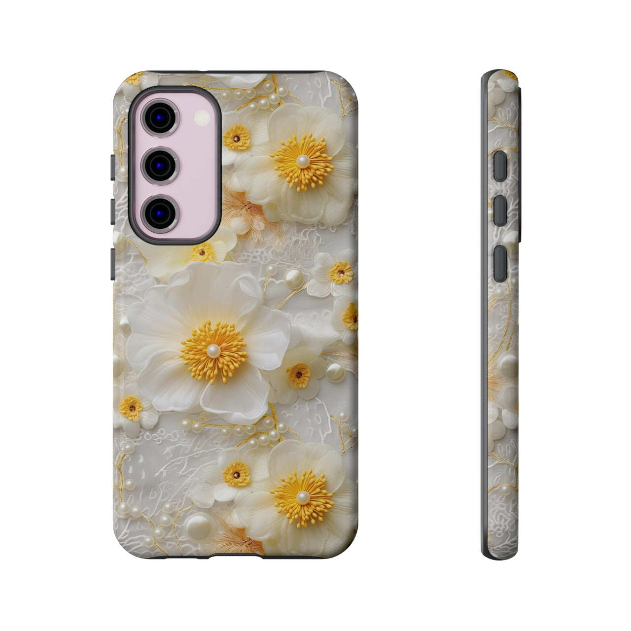 White and Yellow Floral Tough Cases for Samsung Galaxy S23, Samsung Galaxy S23 Plus, and Samsung Galaxy S23 Ultra