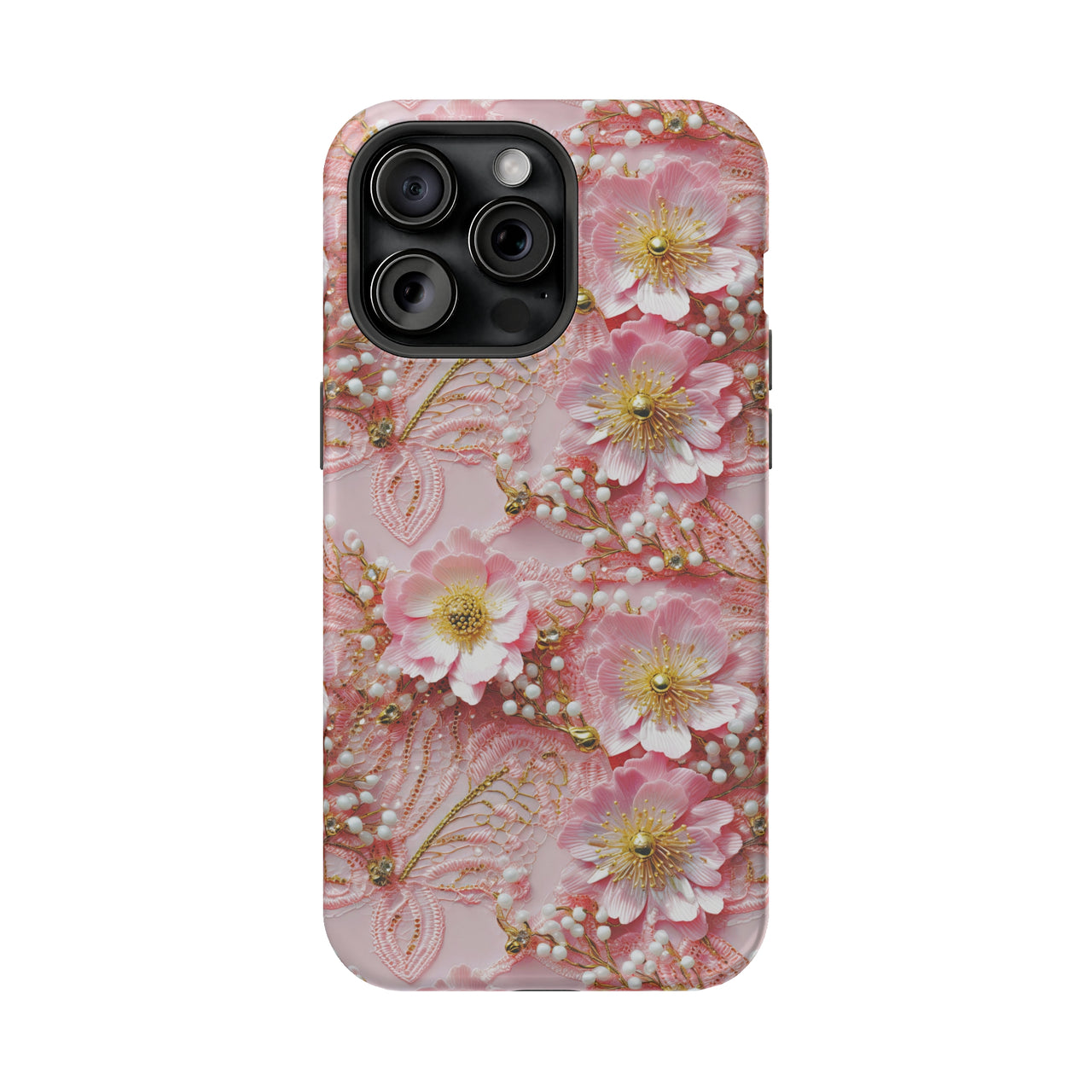 Gold-Kissed Flowers on Pink Lace - MagSafe Tough Case for iPhone 15, iPhone 15 Pro, iPhone 15 Plus, & iPhone 15 Pro Max