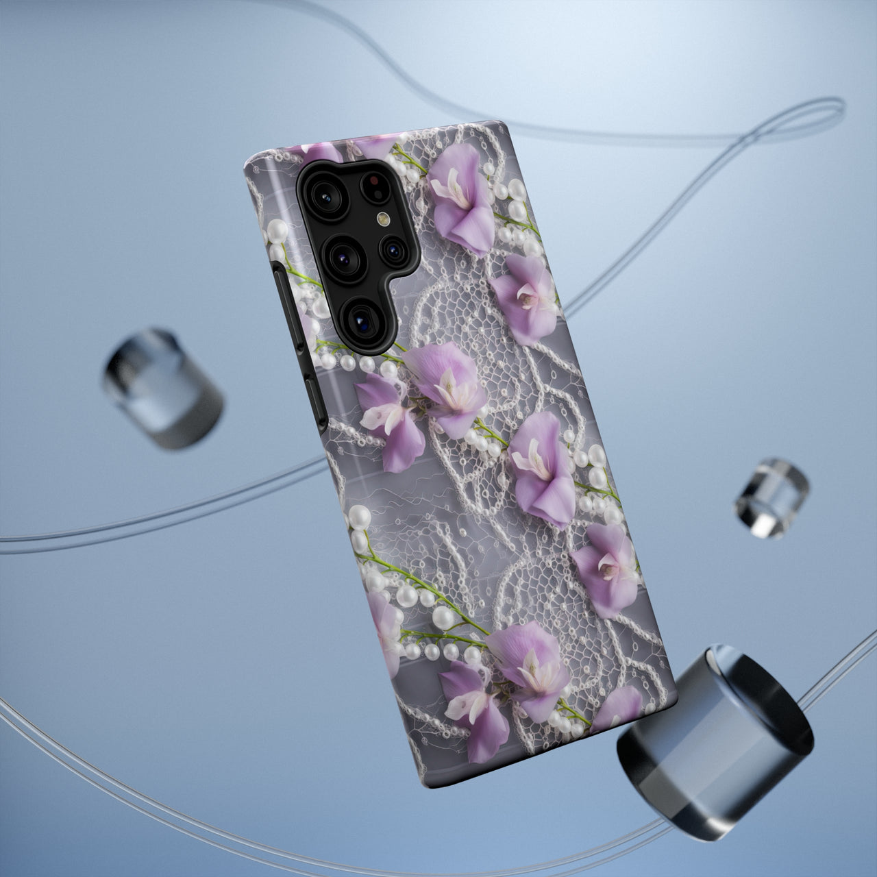 Purple Sweet Pea Impact-Resistant Cases for Samsung Galaxy S22, Samsung Galaxy S22 Plus, and Samsung Galaxy S22 Ultra. Supports Wireless Charging.