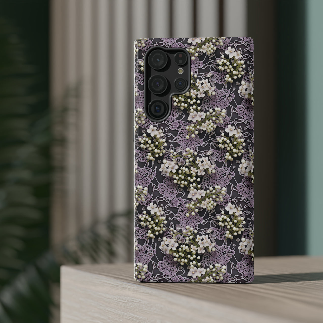 White Flowers on a Purple Bed - Impact-Resistant Case for Samsung Galaxy S22, Samsung Galaxy S22 Plus, and Samsung Galaxy S22 Ultra. Supports Wireless Charging.