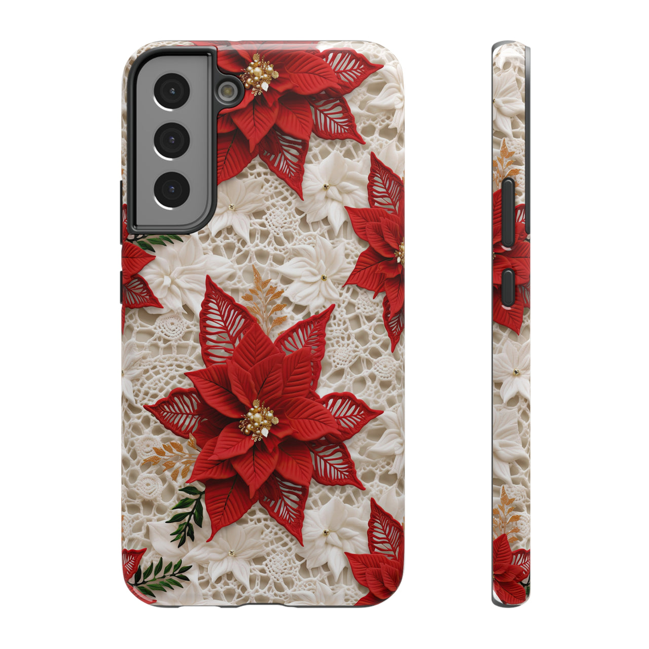 Christmas Poinsettia Impact-Resistant Cases for Samsung Galaxy S22, Samsung Galaxy S22 Plus, and Samsung Galaxy S22 Ultra. Supports Wireless Charging.