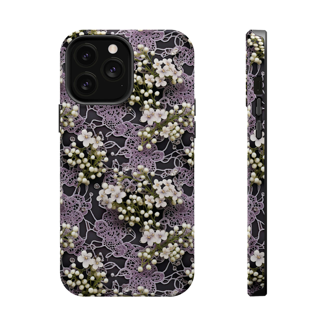 White Flowers on a Purple Bed - MagSafe Tough Cases for iPhone 13, iPhone 13 Mini, iPhone 13 Pro, and iPhone 13 Pro Max.